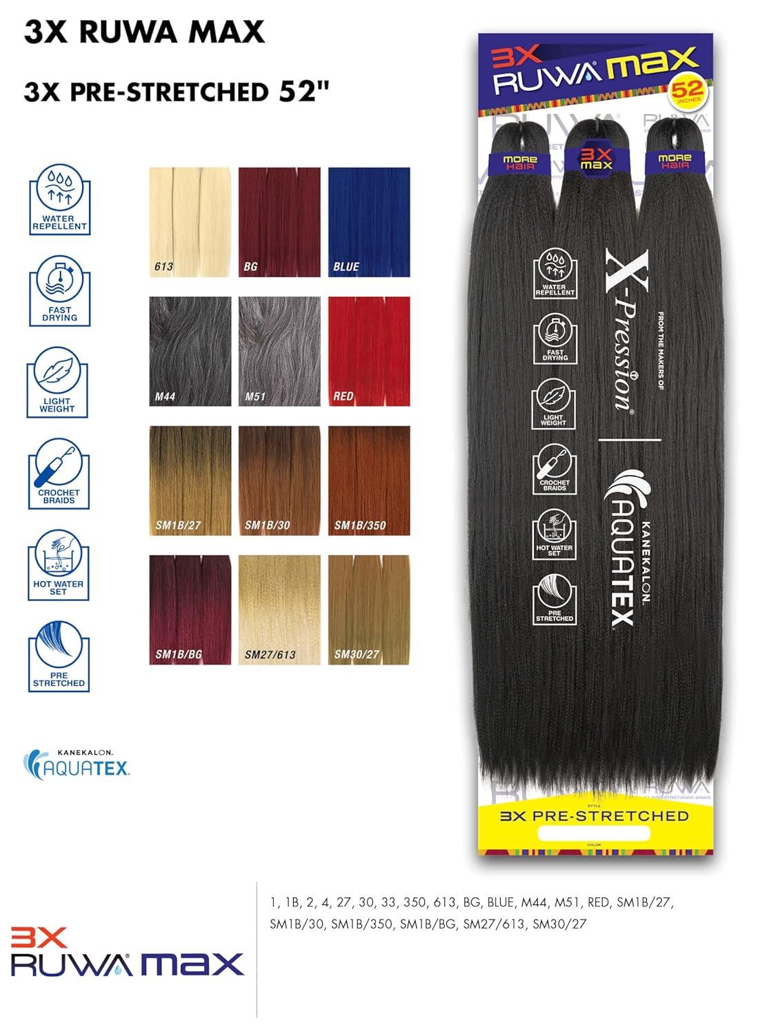 imageSensationnel Ruwa Prestretched Braiding Hair 3x Max 52 Inch Water Repellent Kanekalon Fast Dry Synthetic Sports Itch Free 1 Pack 1B OFFBLACK1B OFFBLACK