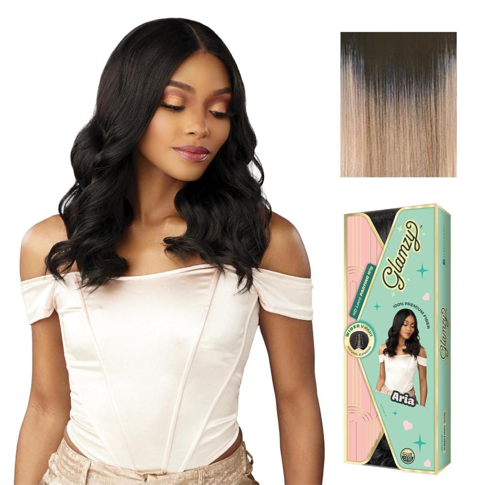 imageSensationnel Glamzy Lace Part Wig Aria Glueless Hand Tied Wider V Parting Synthetic Hair 1 JETBLACKMPROSEGOLD