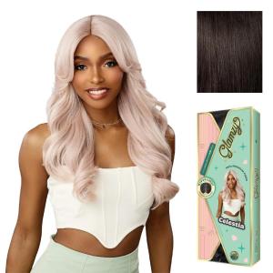 Sensationnel Glamzy Lace Part Wigs – Celestia Glueless Hand Tied Wider V Parting Synthetic Hair (1 JETBLACK)(2 DARKBROWN)