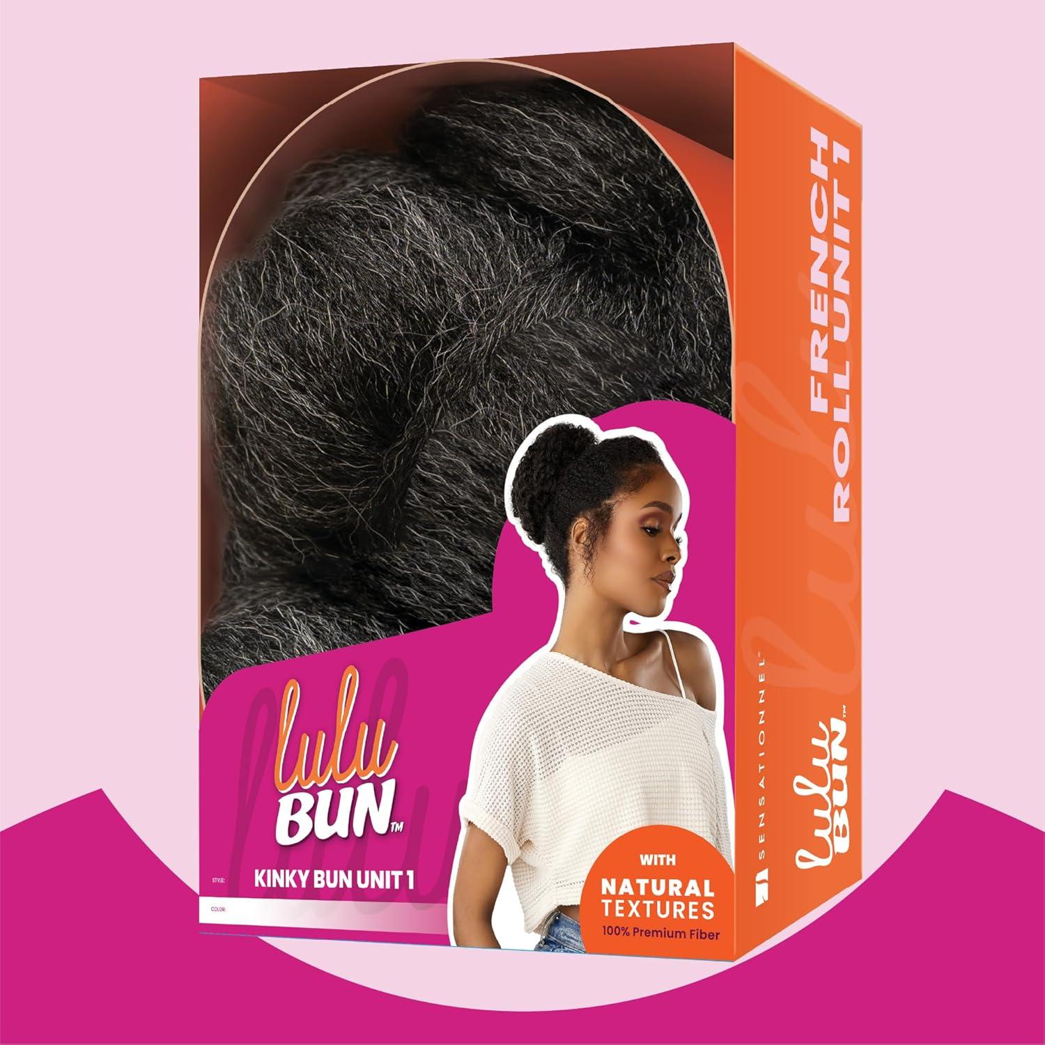 imageSensationnel LuluBun Updo Hairextensions Kinky Bun Unit 1 Synthetic Drawstring Cap Quick and Easy Wear Hair Wig Piece 1 JETBLACKF1B30