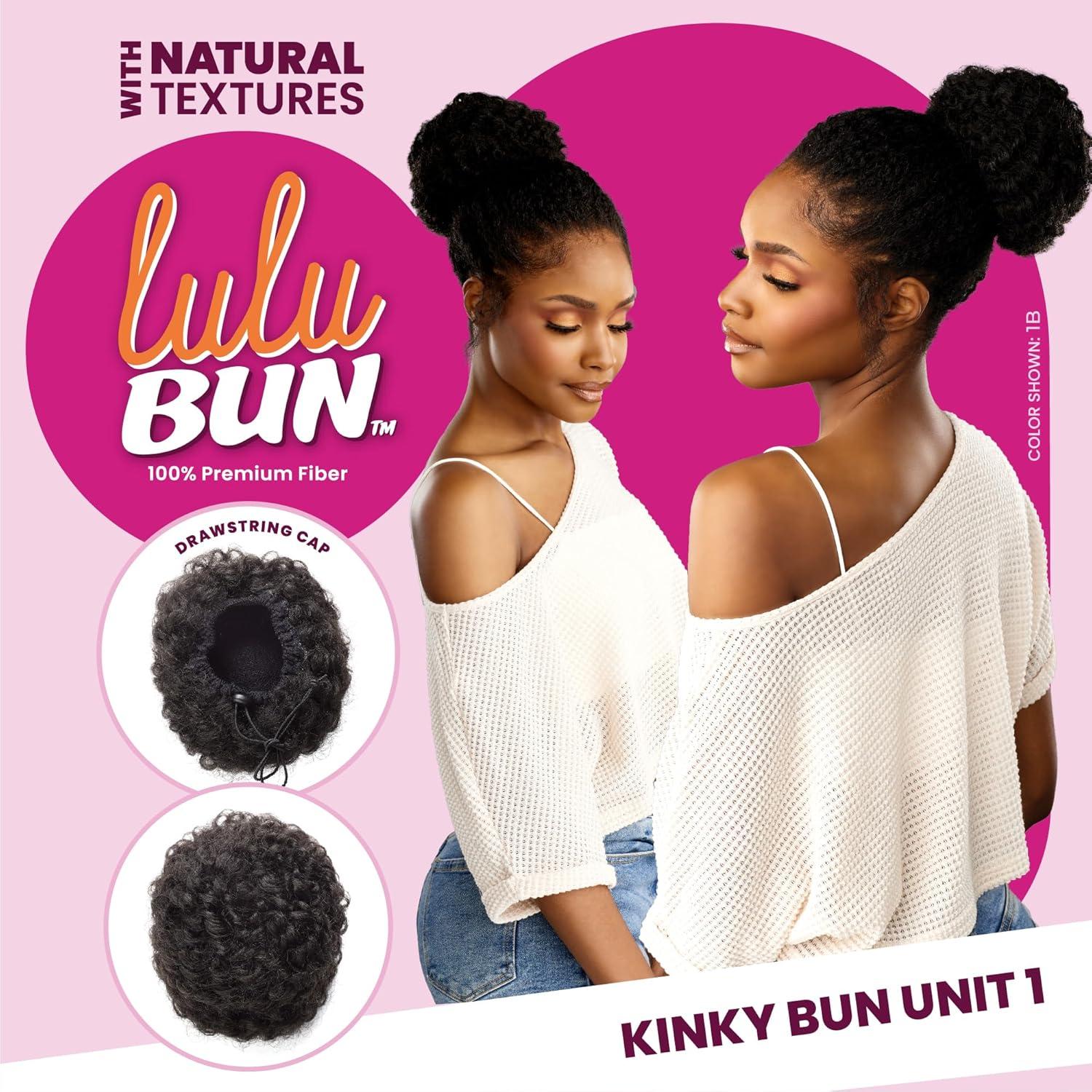imageSensationnel LuluBun Updo Hairextensions Kinky Bun Unit 1 Synthetic Drawstring Cap Quick and Easy Wear Hair Wig Piece 1 JETBLACKM44