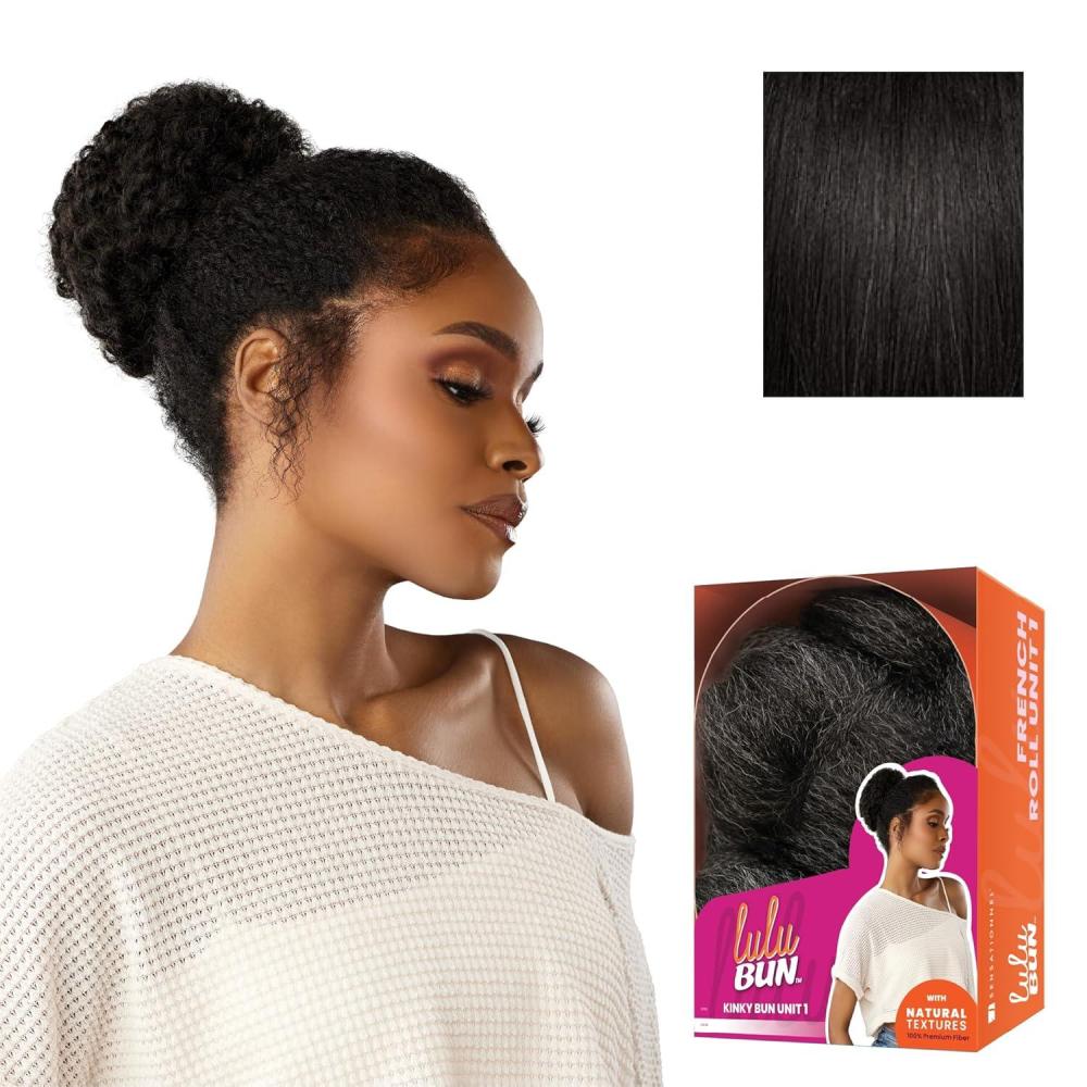 imageSensationnel LuluBun Updo Hairextensions Kinky Bun Unit 1 Synthetic Drawstring Cap Quick and Easy Wear Hair Wig Piece 1 JETBLACK1B OFFBLACK