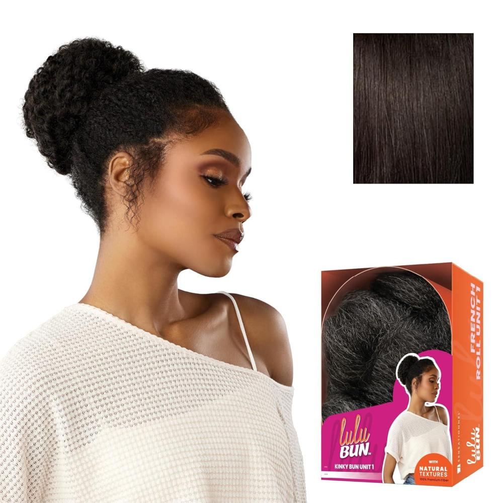 imageSensationnel LuluBun Updo Hairextensions Kinky Bun Unit 1 Synthetic Drawstring Cap Quick and Easy Wear Hair Wig Piece 1 JETBLACK2 DARKBROWN