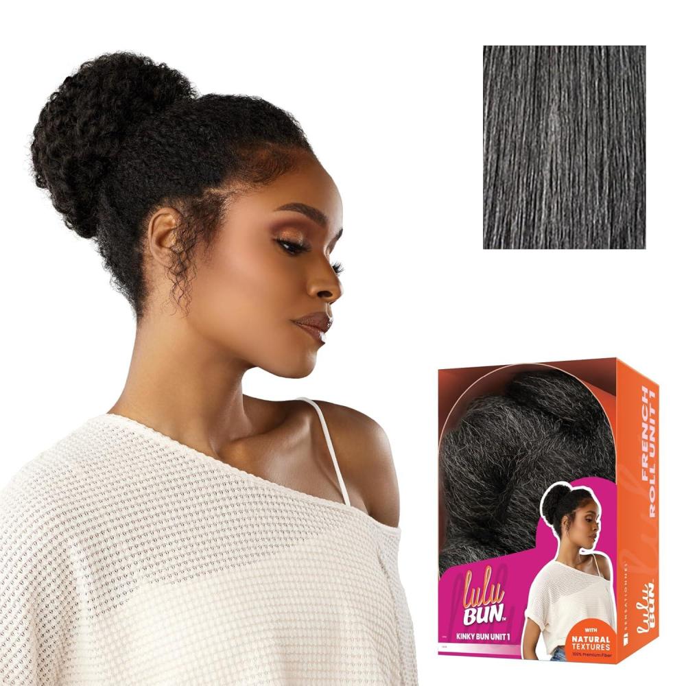 imageSensationnel LuluBun Updo Hairextensions Kinky Bun Unit 1 Synthetic Drawstring Cap Quick and Easy Wear Hair Wig Piece 1 JETBLACKM44
