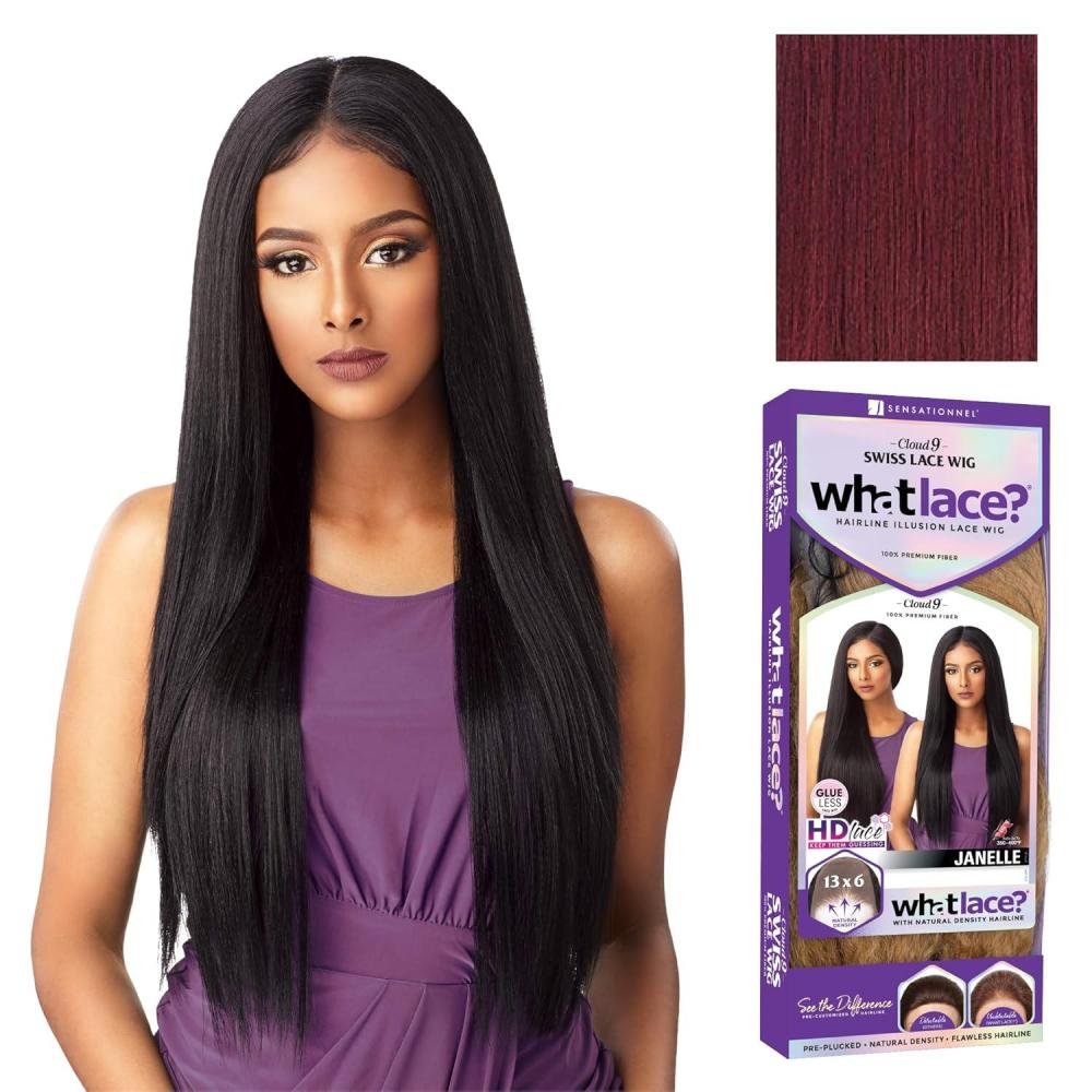 imageSensationnel What Lace 13X6 Wigs Janelle Lacefrontal Hand Tied Glueless Synthetic With Natural Density Preplucked Hairline 1BURGUNDYWINE