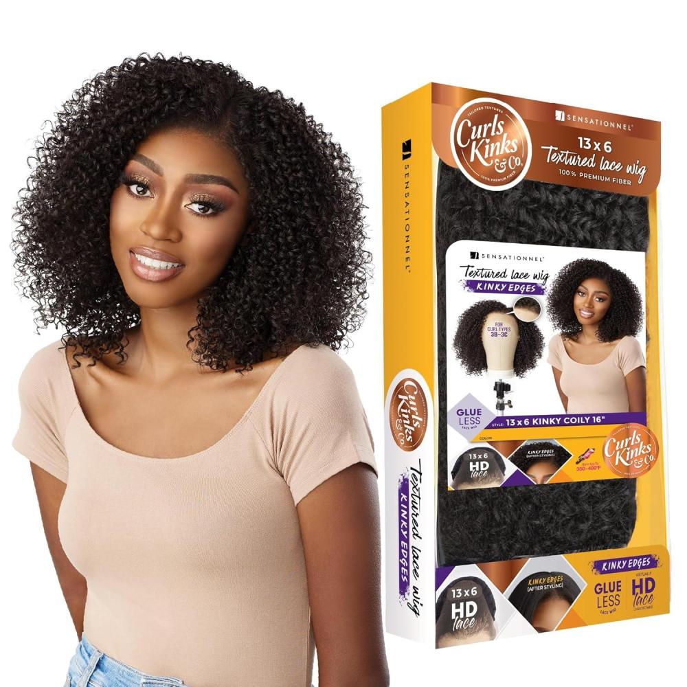 imageSensationnel Curls Kinksandco Kinkyedges Wig Kinky Coily 16 Inch 13X6 Lace Frontal Natural Kinkytexture Edged Hairline for Natural 3C to 4C Hair Textures 1 JETBLACK1 JETBLACK