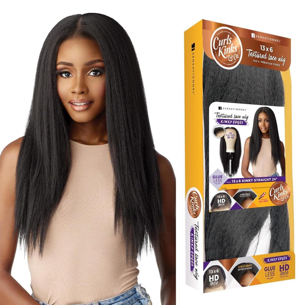 imageSensationnel Curls Kinksandco Kinkyedges Wig  Kinky Straight 24 Inch 13X6 Lace Frontal Natural Kinkytexture Edged Hairline for Natural 3C to 4C Hair Textures 1 JETBLACK1B OFFBLACK