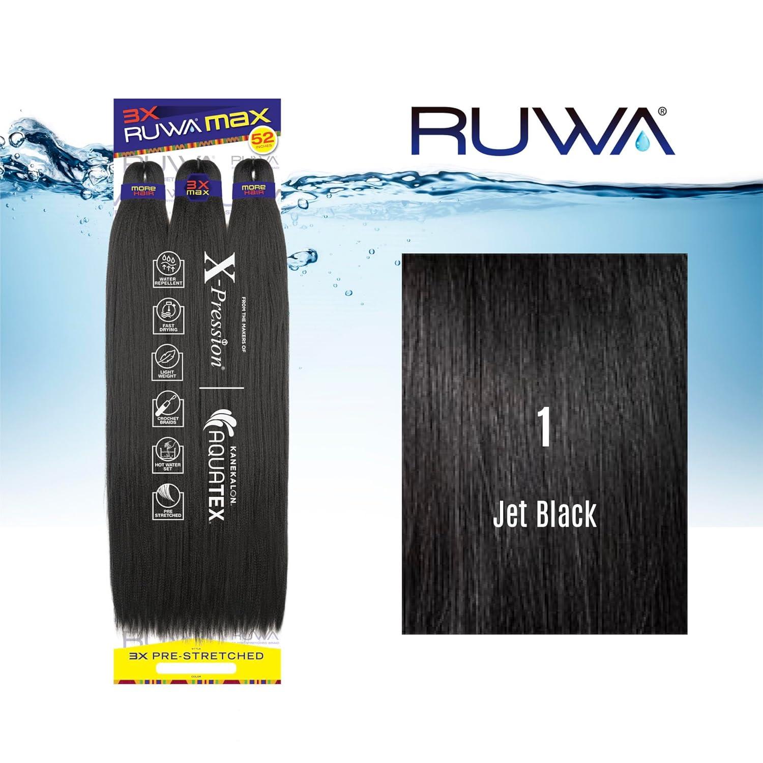 imageSensationnel Ruwa Prestretched Braiding Hair 3x Max 52 Inch Water Repellent Kanekalon Fast Dry Synthetic Sports Itch Free 1 Pack 1 JETBLACK1 JETBLACK