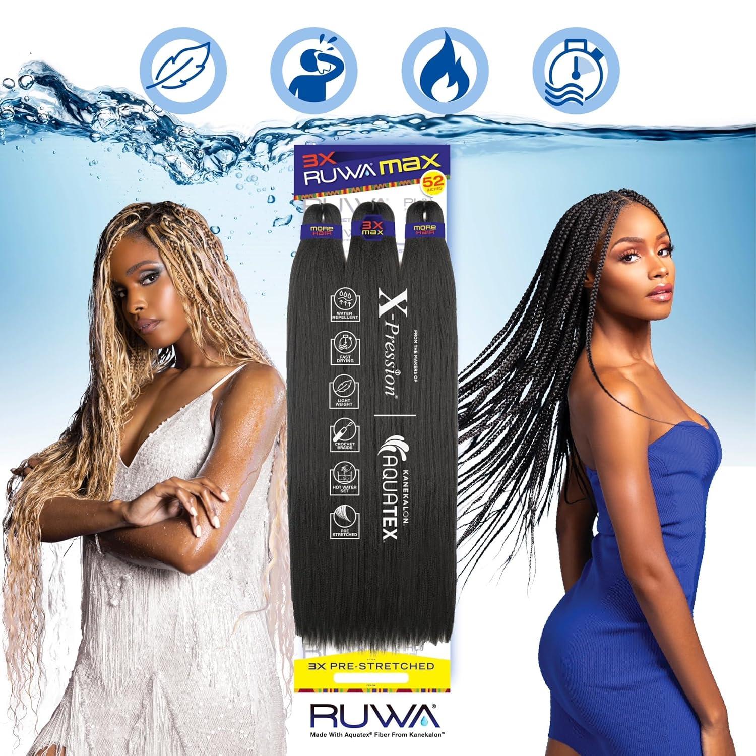 imageSensationnel Ruwa Prestretched Braiding Hair 3x Max 52 Inch Water Repellent Kanekalon Fast Dry Synthetic Sports Itch Free 1 Pack 1 JETBLACK1B OFFBLACK
