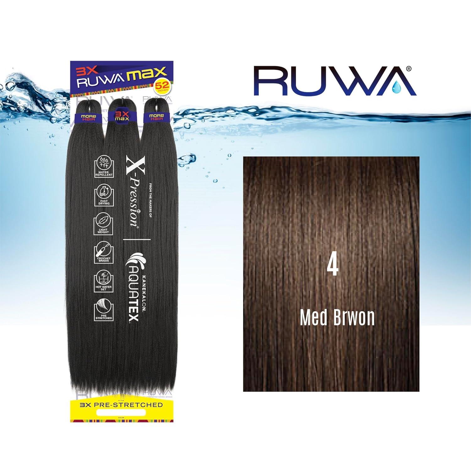 imageSensationnel Ruwa Prestretched Braiding Hair 3x Max 52 Inch Water Repellent Kanekalon Fast Dry Synthetic Sports Itch Free 1 Pack 1 JETBLACK4 MEDBROWN