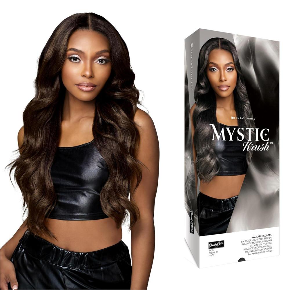 imageSensationnel Shearmuse Mystic Krush Lace Wig Esme Glueless Synthetic Preplucked Hairline Deep Laceparting Hand Tied BALAYAGEMUSHROOMBLONDEBALAYAGESMOKYESPRESSO