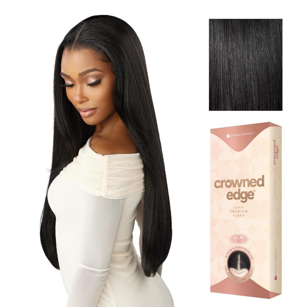 imageSensationnel Crowned Edge Widows Peak Lacewig  Straight 28 Inch Glueless 13x5 HD Lace Frontal Synthetic Wig with Preplucked Preshaped Hairline 1 JETBLACK1 JETBLACK