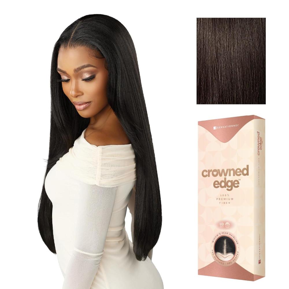 imageSensationnel Crowned Edge Widows Peak Lacewig Straight 28 Inch Glueless 13x5 HD Lace Frontal Synthetic Wig with Preplucked Preshaped Hairline 1 JETBLACK2 DARKBROWN