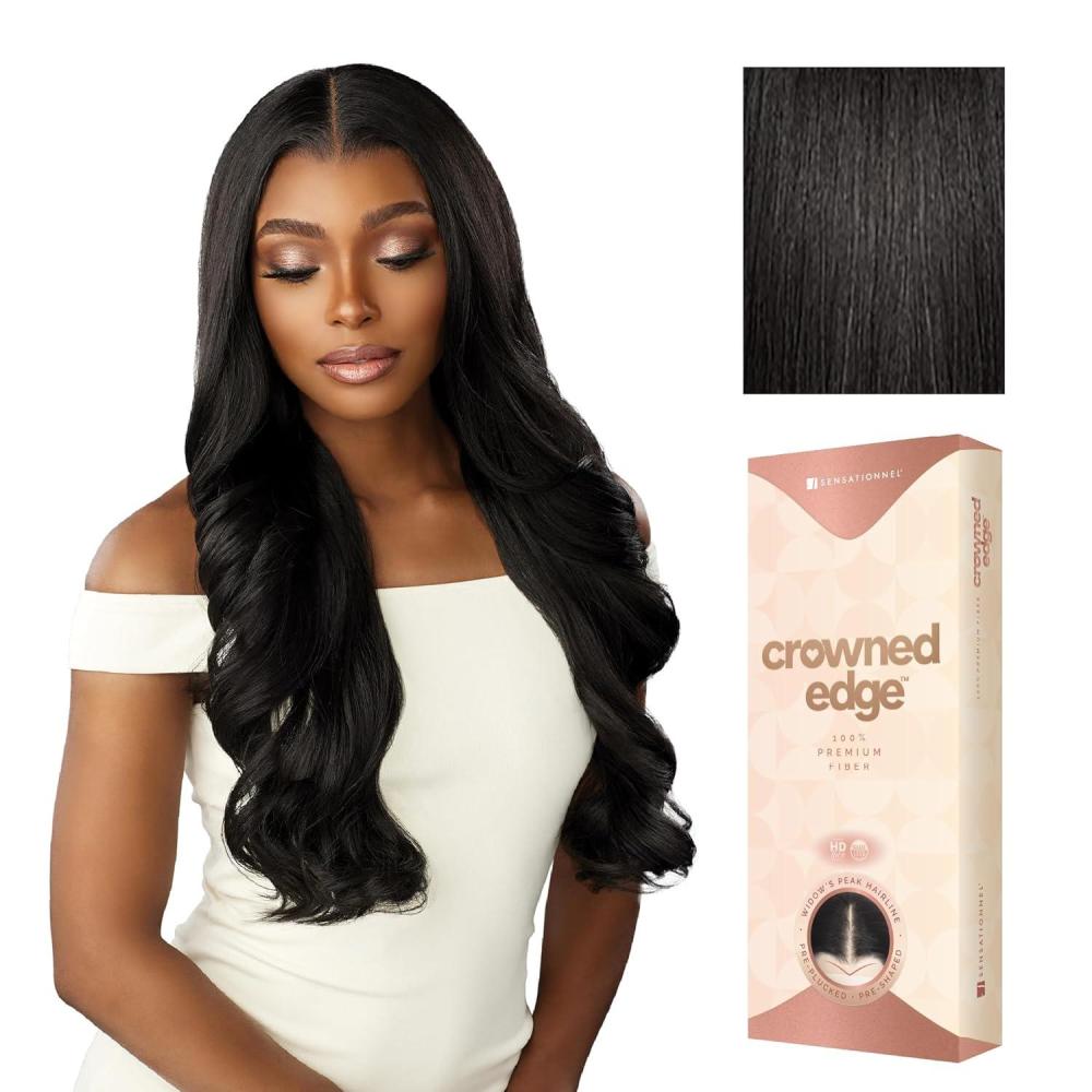 imageSensationnel Crowned Edge Widows Peak Lacewig Wavy 26 Inch Glueless 13x5 HD Lace Frontal Synthetic Wig with Preplucked Preshaped Hairline 1 JETBLACK1B OFFBLACK