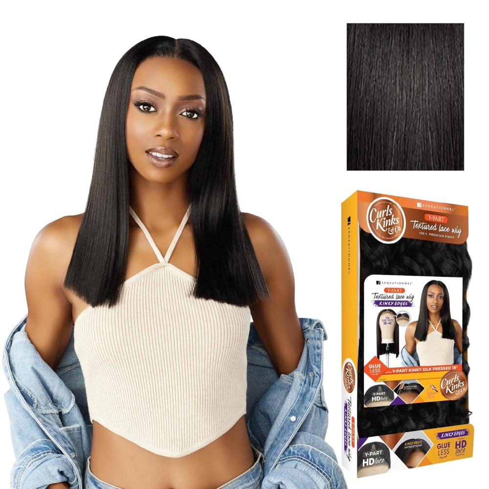 imageSensationnel Curls Kinksandco Kinkyedges Wig  Kinky Silk Pressed 18 Inch Y Part Lace Natural Kinkytexture Edged Hairline for Natural 3C to 4C Hair Textures 1 JETBLACK1B OFFBLACK