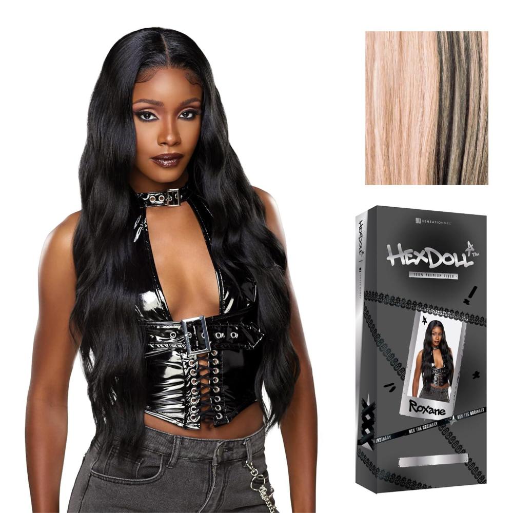 imageSensationnel HexDoll 13X4 Lace Wig Roxane Lacefrontal Glueless Synthetic with Natural Density Preplucked Hairline 1 JETBLACKBALAYAGECHARCOALROSE