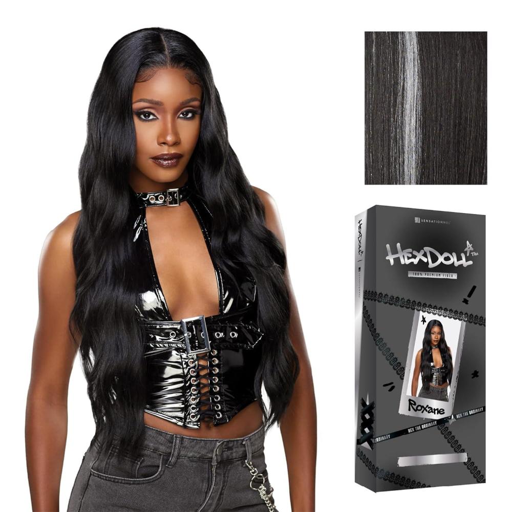 imageSensationnel HexDoll 13X4 Lace Wig Roxane Lacefrontal Glueless Synthetic with Natural Density Preplucked Hairline 1 JETBLACKBALAYAGEPLATINUM