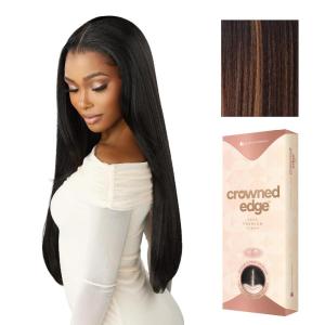 Sensationnel Crowned Edge Widow’s Peak Lacewig – Straight 28 Inch Glueless 13×5 HD Lace Frontal Synthetic Wig with Preplucked Preshaped Hairline (1 JETBLACK)(BALAYAGECHOCOLATE)