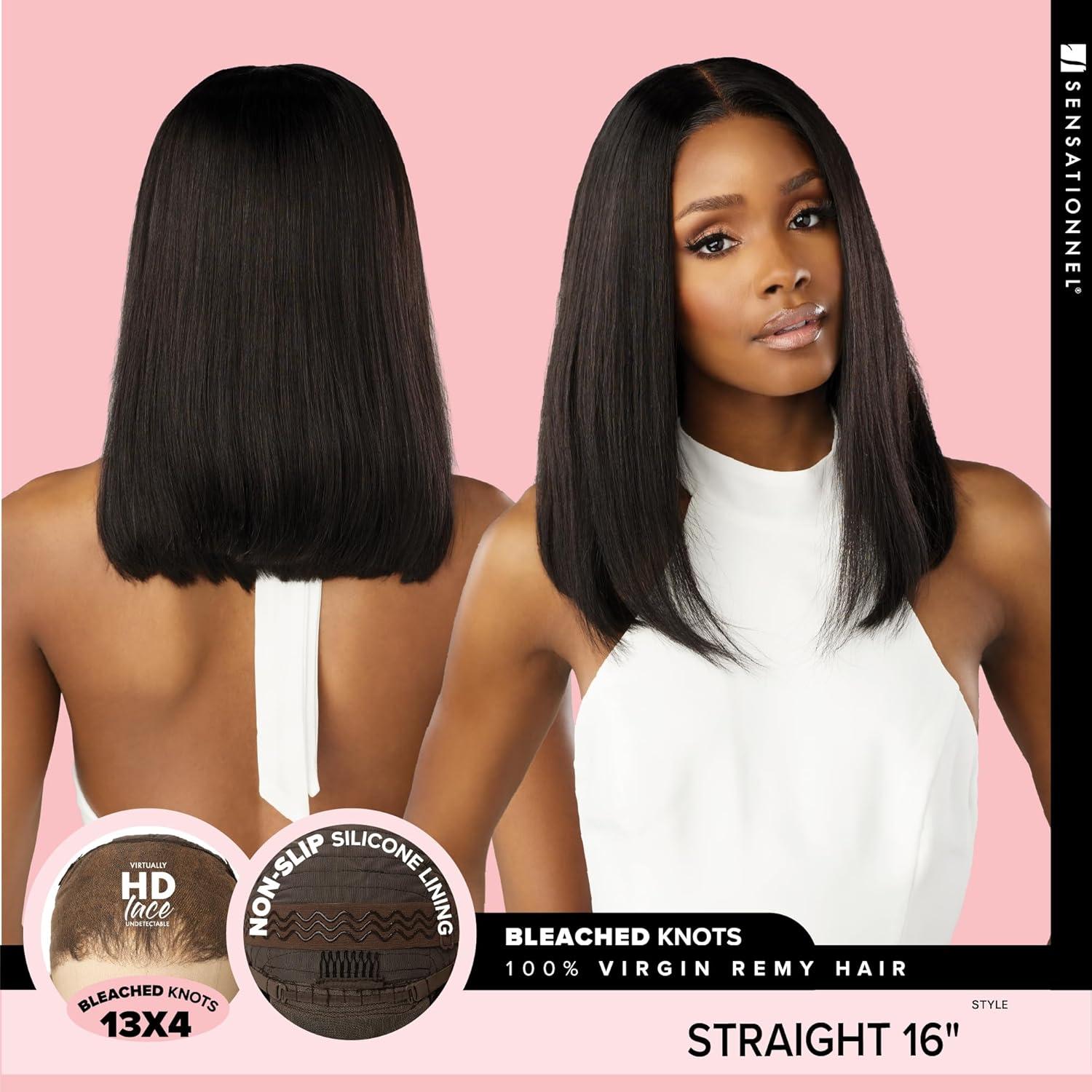 imageSensationnel Pearlish 13x4 Lace Frontal Wig Straight 16 inch Soft Virgin Remy 15A Human Hair Glueless Bleached Knots and Preplucked 613 BLONDENATURALBLACK