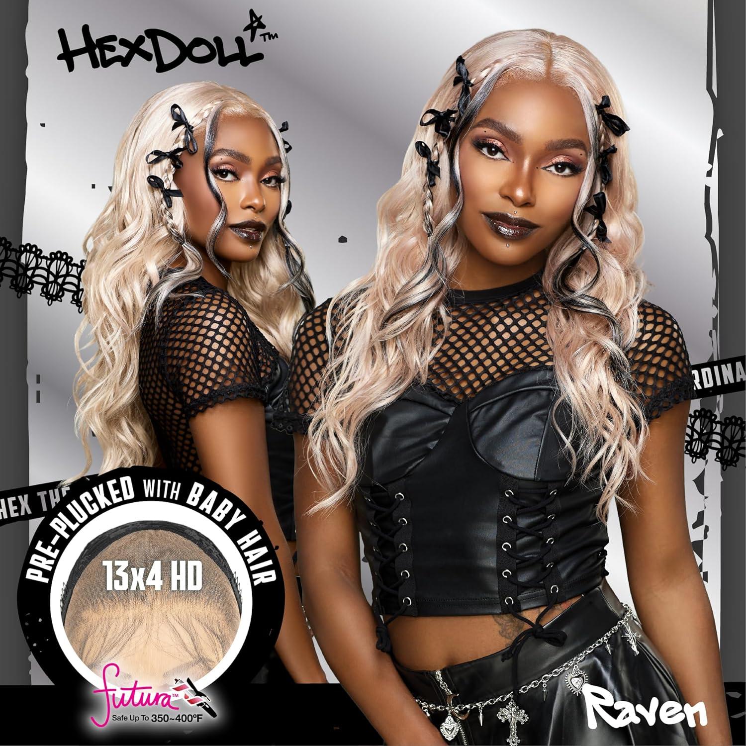 imageSensationnel HexDoll 13X4 Lace Wig Raven Lacefrontal Glueless Synthetic with Natural Density Preplucked Hairline 1 JETBLACKBALAYAGEPLATINUM