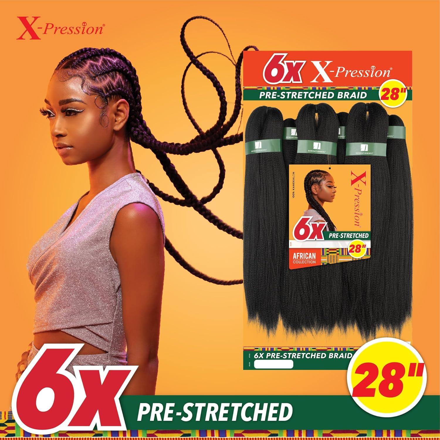 imageSensationnel Xpression Prestretched Braiding Hair 6x Braid 28 Inch All Kanekalon Flame Retardant Synthetic for Box Braids and Twists 1 JETBLACK4 MEDBROWN