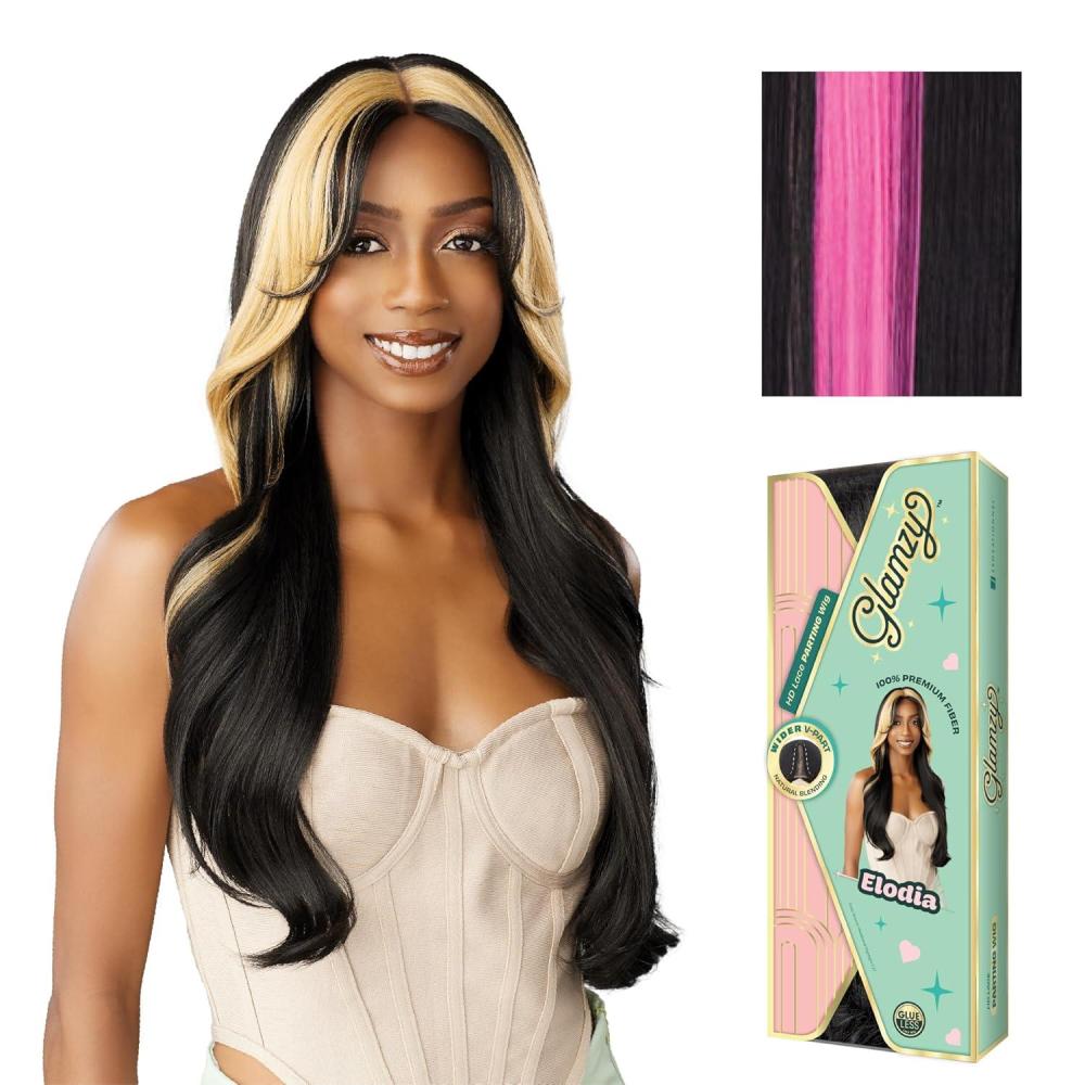 imageSensationnel Glamzy Lace Part Wig Elodia Glueless Hand Tied Wider V Parting Synthetic Hair 1 JETBLACKHB1PINK