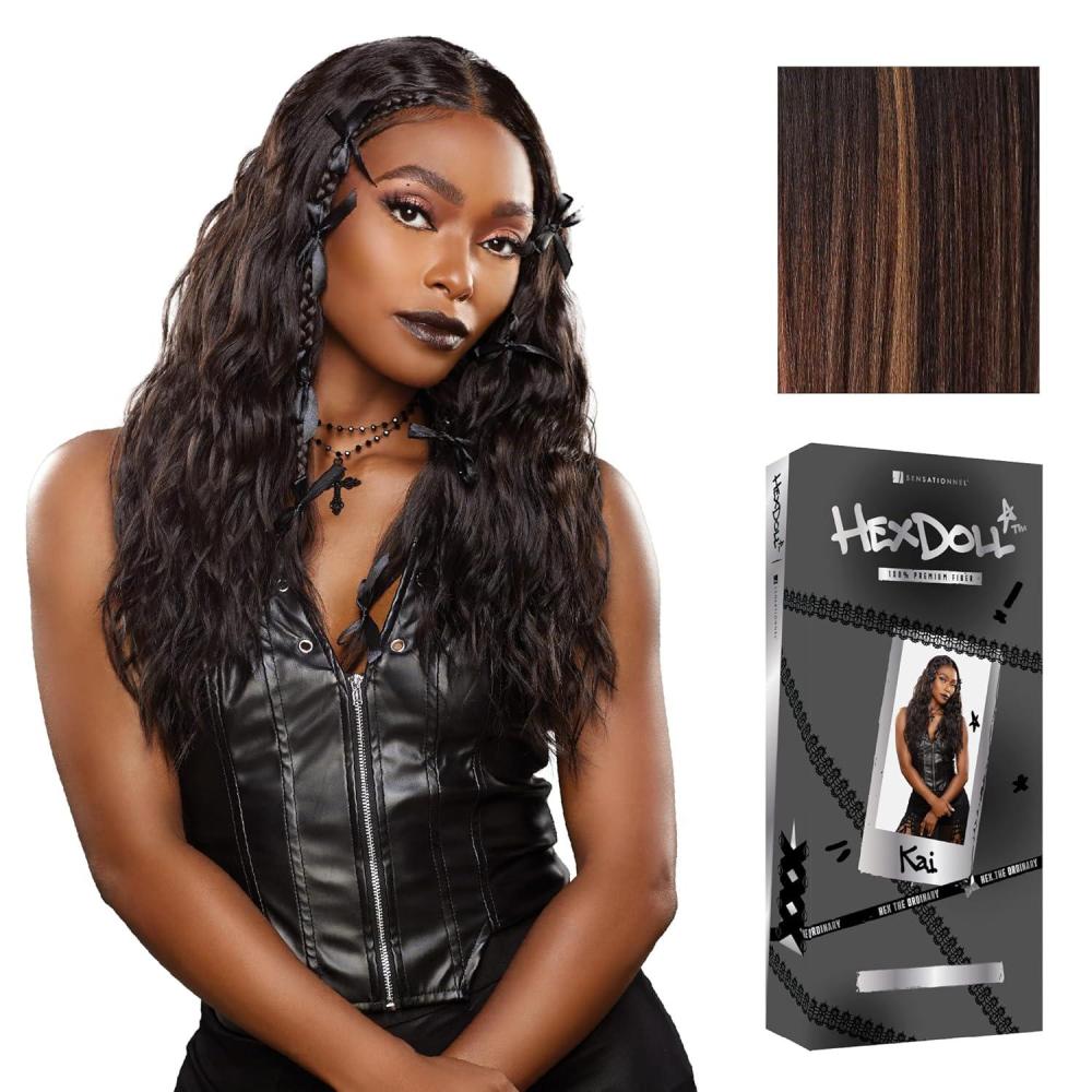 imageSensationnel HexDoll 13X4 Lace Wig  Kai Lacefrontal Glueless Synthetic with Natural Density Preplucked Hairline 1 JETBLACKBALAYAGECHOCOLATE