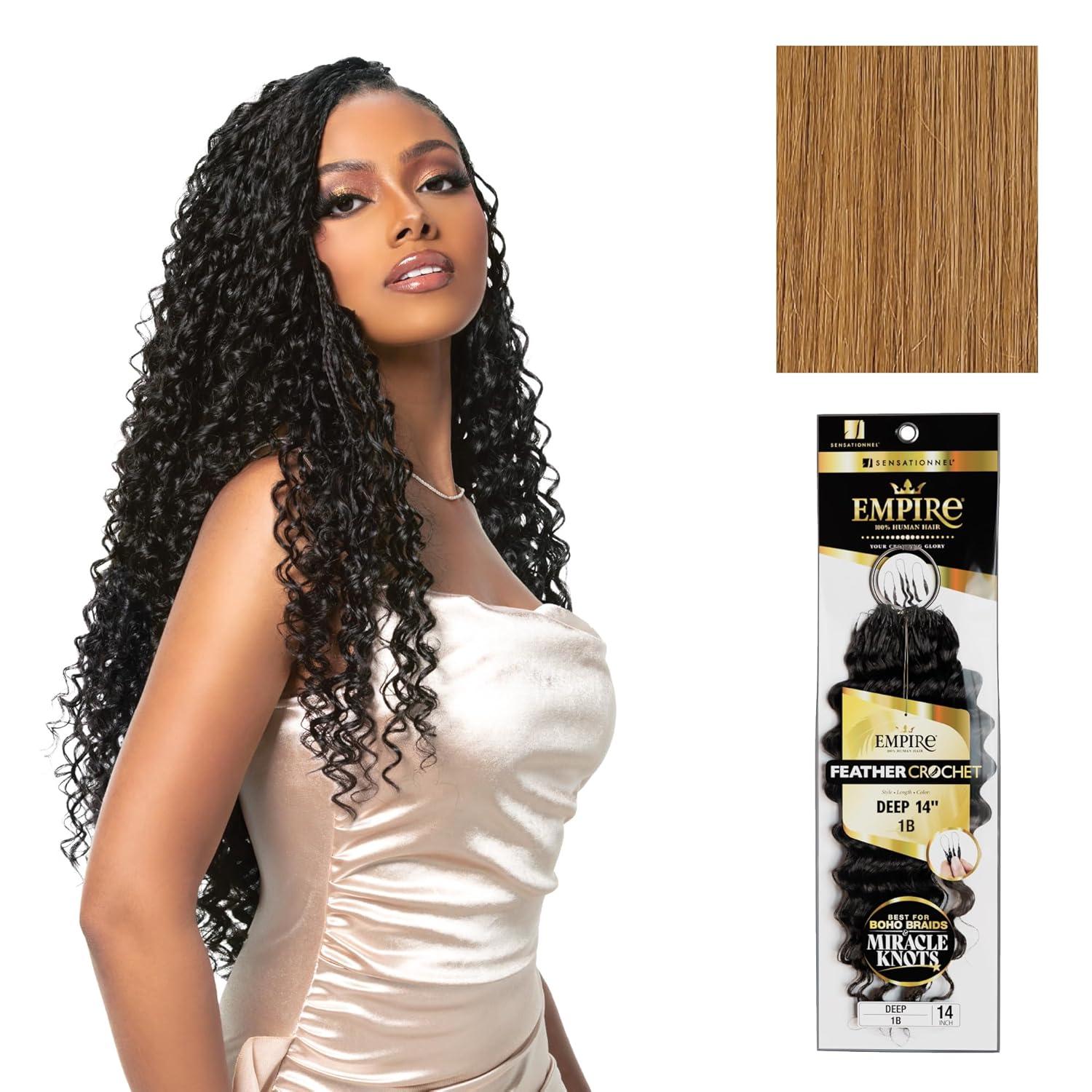 imageSensationnel Empire Feather Crochet Braiding Hair Deep Humanhair for Boho Braids and Miracle Knots Pre Separated 50 strands 10 inch 1 JETBLACK27 HONEYBLONDE