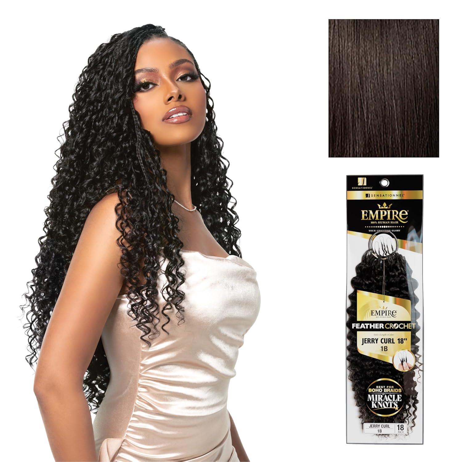 imageSensationnel Empire Feather Crochet Braiding Hair Jerry Curl Humanhair for Boho Braids and Miracle Knots Pre Separated 50 strands 10 inch 1 JETBLACK2 DARKBROWN