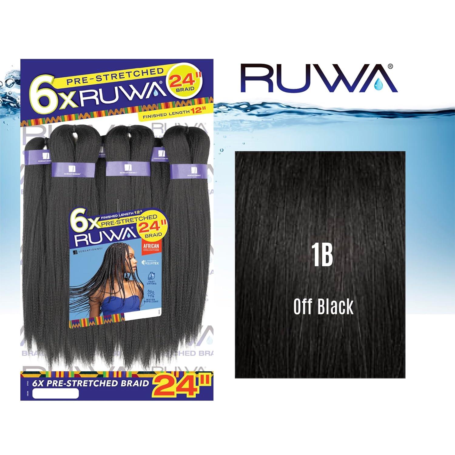 imageSensationnel Ruwa Prestretched Braiding Hair 6x 24 Inch Water Repellent Kanekalon Fast Dry Synthetic Sports Itch Free 1 JETBLACK1B OFFBLACK