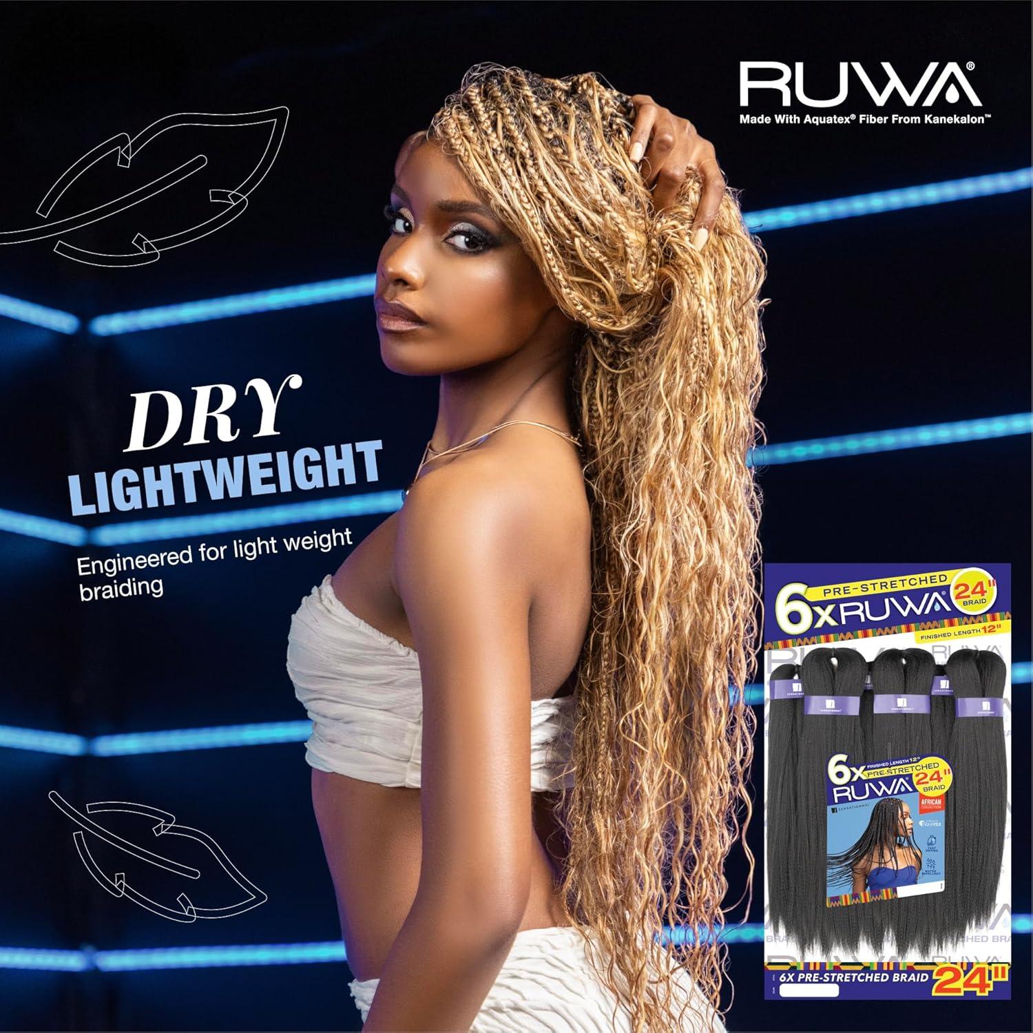 imageSensationnel Ruwa Prestretched Braiding Hair 6x 24 Inch Water Repellent Kanekalon Fast Dry Synthetic Sports Itch Free 1 JETBLACK2 DARKBROWN