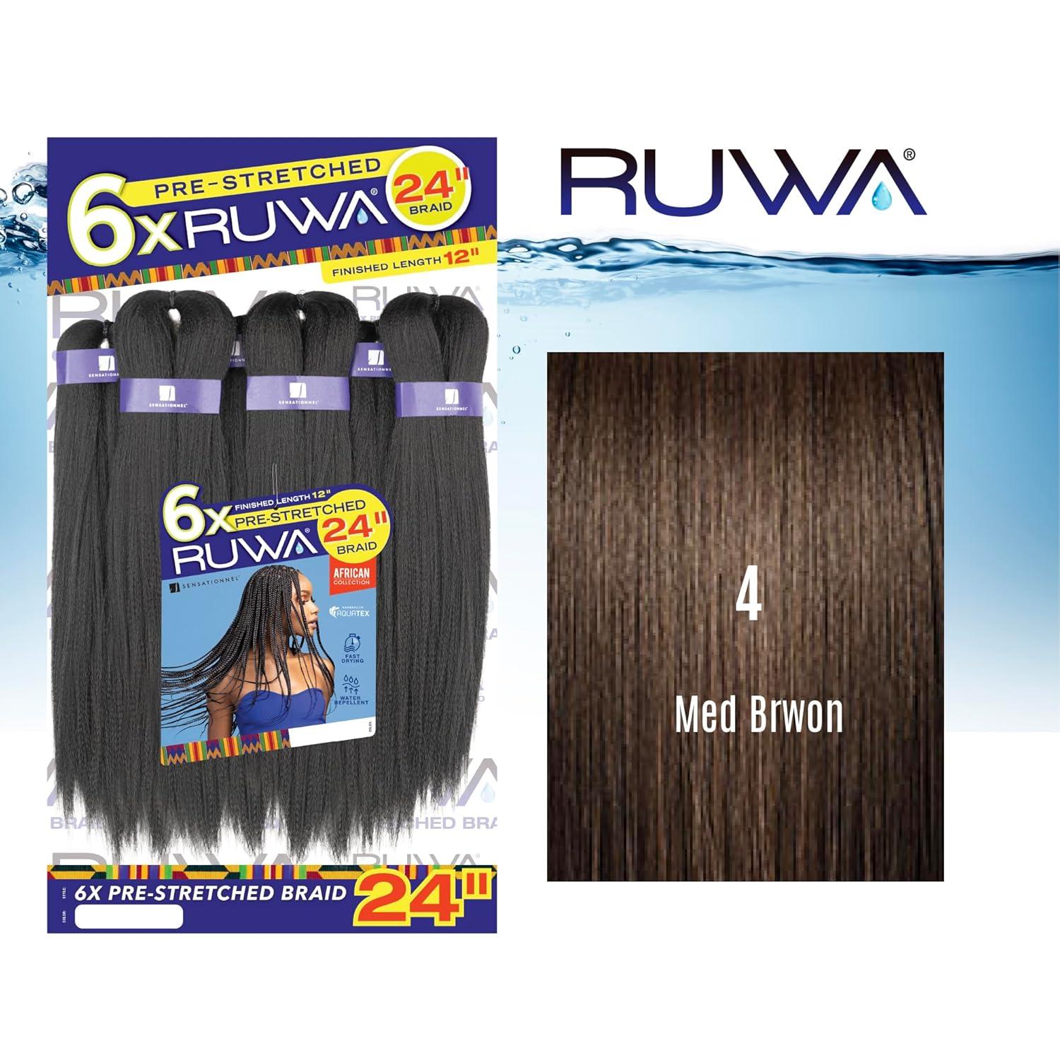 imageSensationnel Ruwa Prestretched Braiding Hair 6x 24 Inch Water Repellent Kanekalon Fast Dry Synthetic Sports Itch Free 1 JETBLACK4 MEDBROWN