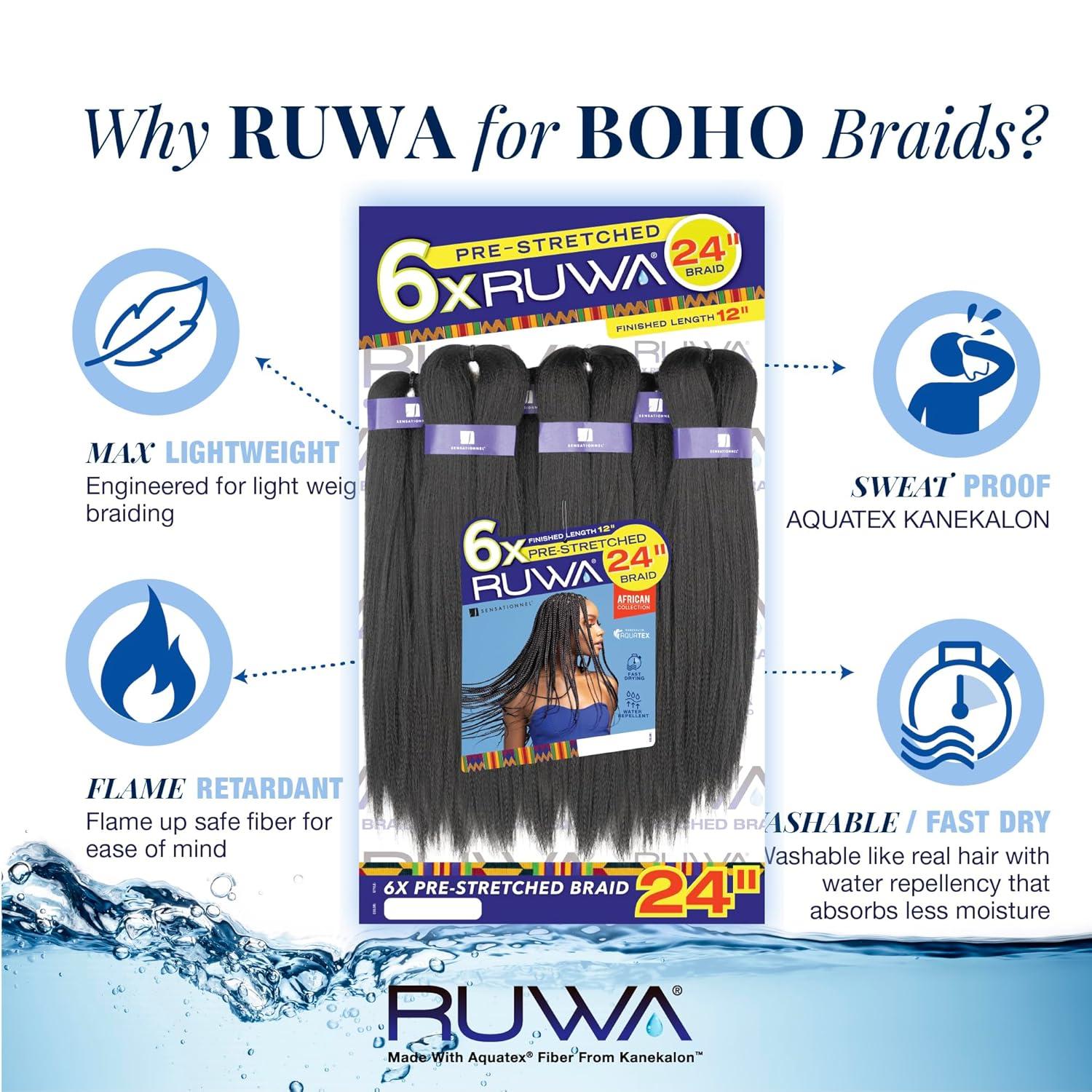 imageSensationnel Ruwa Prestretched Braiding Hair 6x 24 Inch Water Repellent Kanekalon Fast Dry Synthetic Sports Itch Free 1 JETBLACK4 MEDBROWN