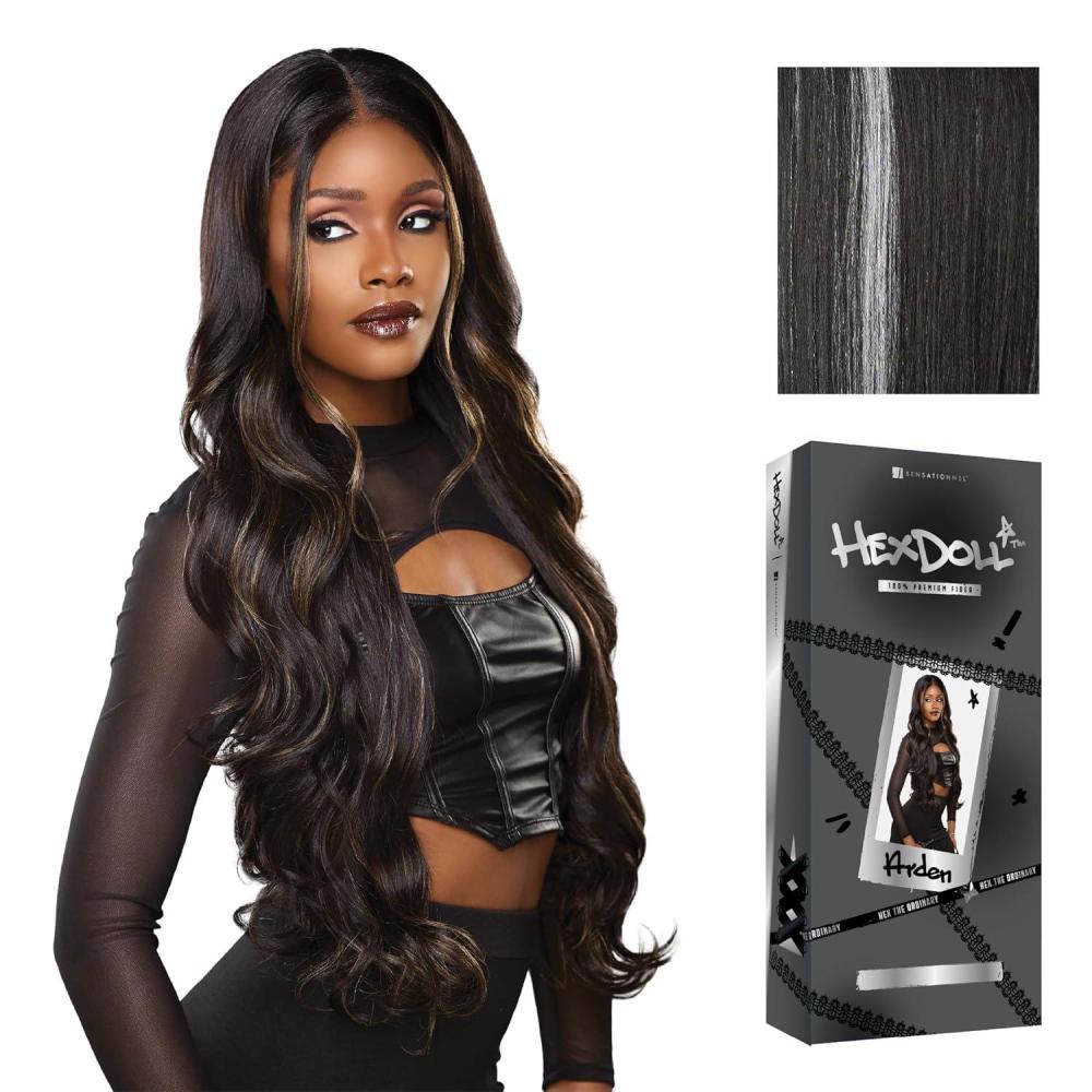 imageSensationnel HexDoll 13X4 Lace Wig Arden Lacefrontal Glueless Synthetic with Natural Density Preplucked Hairline 1 JETBLACKBALAYAGEPLATINUM