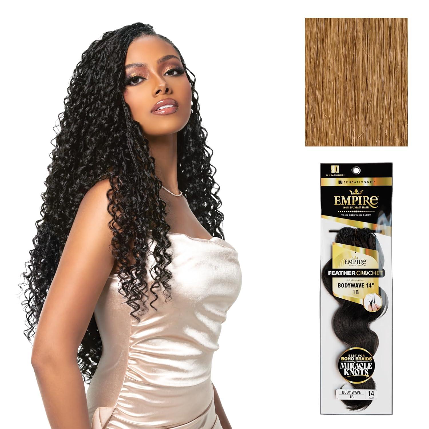 imageSensationnel Empire Feather Crochet Braiding Hair Body Wave Humanhair for Boho Braids and Miracle Knots Pre Separated 50 strands 10 inch 1 JETBLACK27 HONEYBLONDE