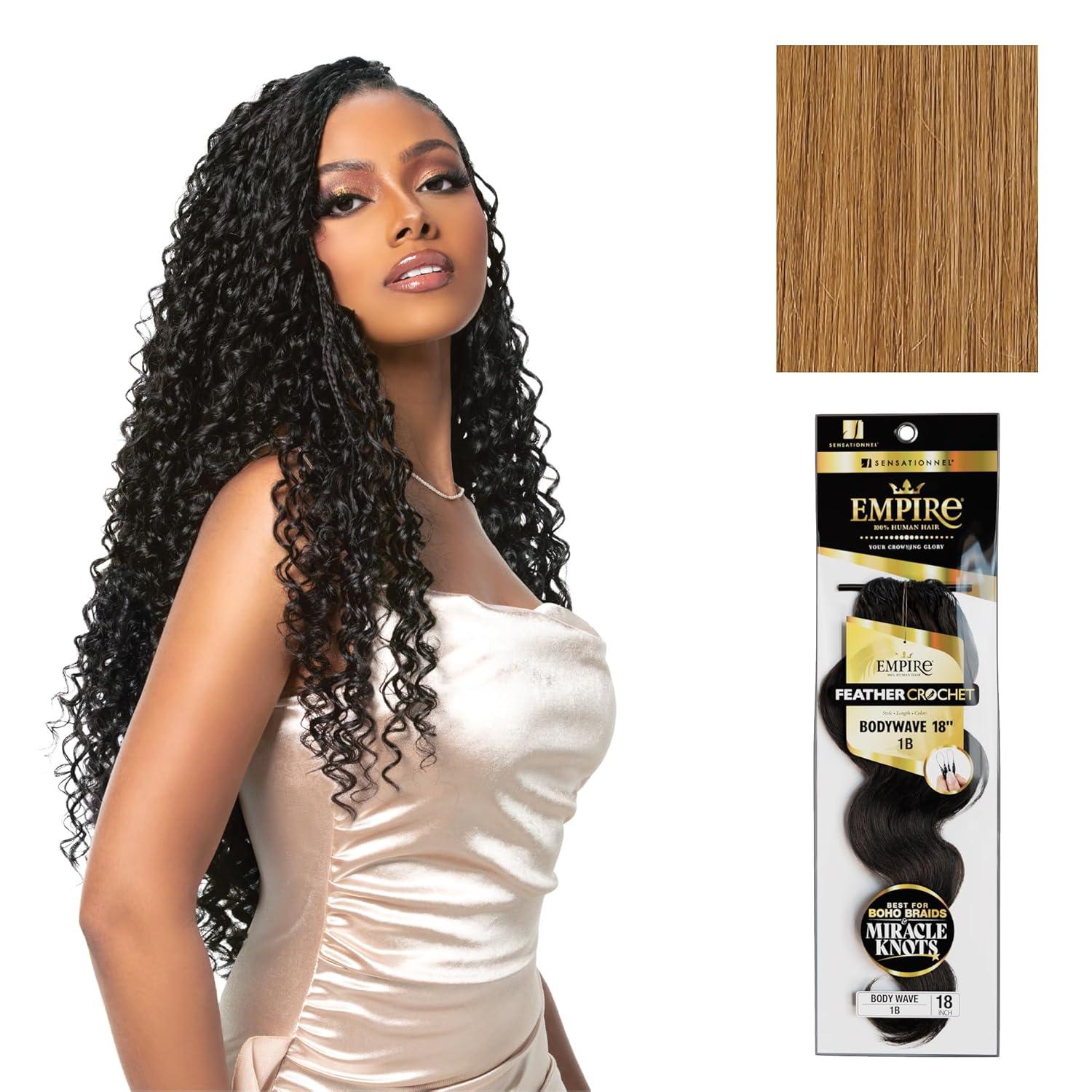 imageSensationnel Empire Feather Crochet Braiding Hair Body Wave Humanhair for Boho Braids and Miracle Knots Pre Separated 50 strands 10 inch 1 JETBLACK27 HONEYBLONDE