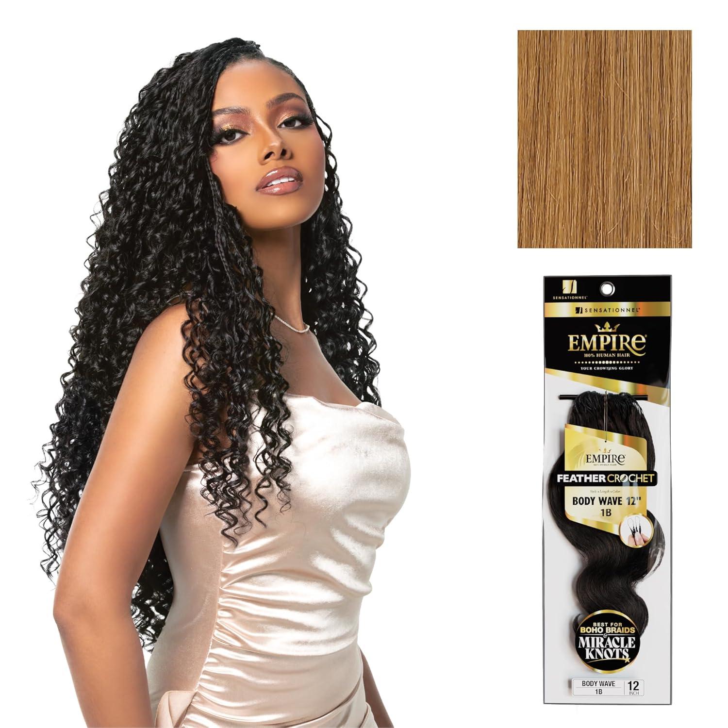imageSensationnel Empire Feather Crochet Braiding Hair Body Wave Humanhair for Boho Braids and Miracle Knots Pre Separated 50 strands 10 inch 1 JETBLACK27 HONEYBLONDE