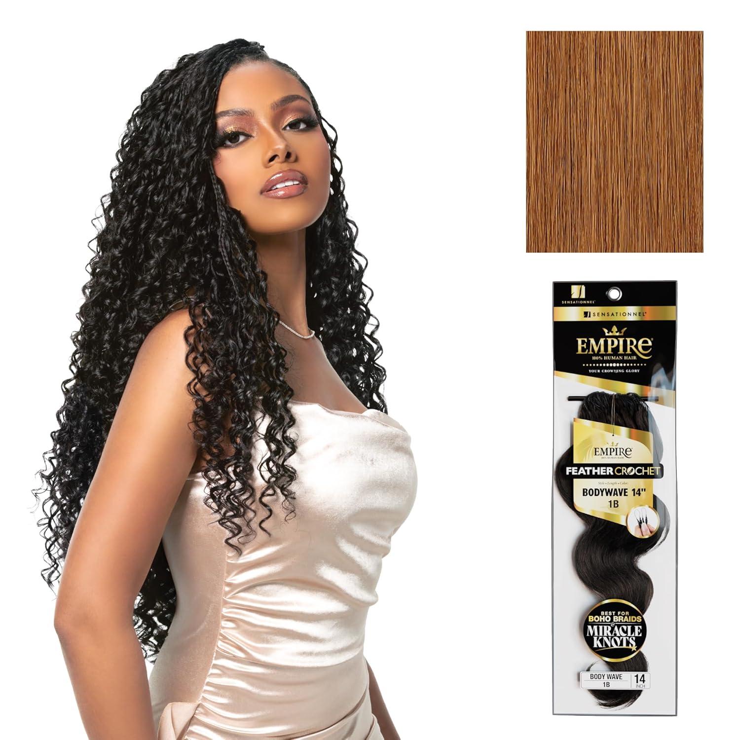 imageSensationnel Empire Feather Crochet Braiding Hair Body Wave Humanhair for Boho Braids and Miracle Knots Pre Separated 50 strands 10 inch 1 JETBLACK30 LIGHTAUBURN