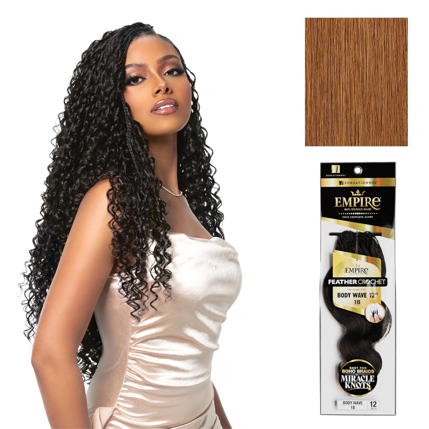 imageSensationnel Empire Feather Crochet Braiding Hair Body Wave Humanhair for Boho Braids and Miracle Knots Pre Separated 50 strands 10 inch 1 JETBLACK30 LIGHTAUBURN