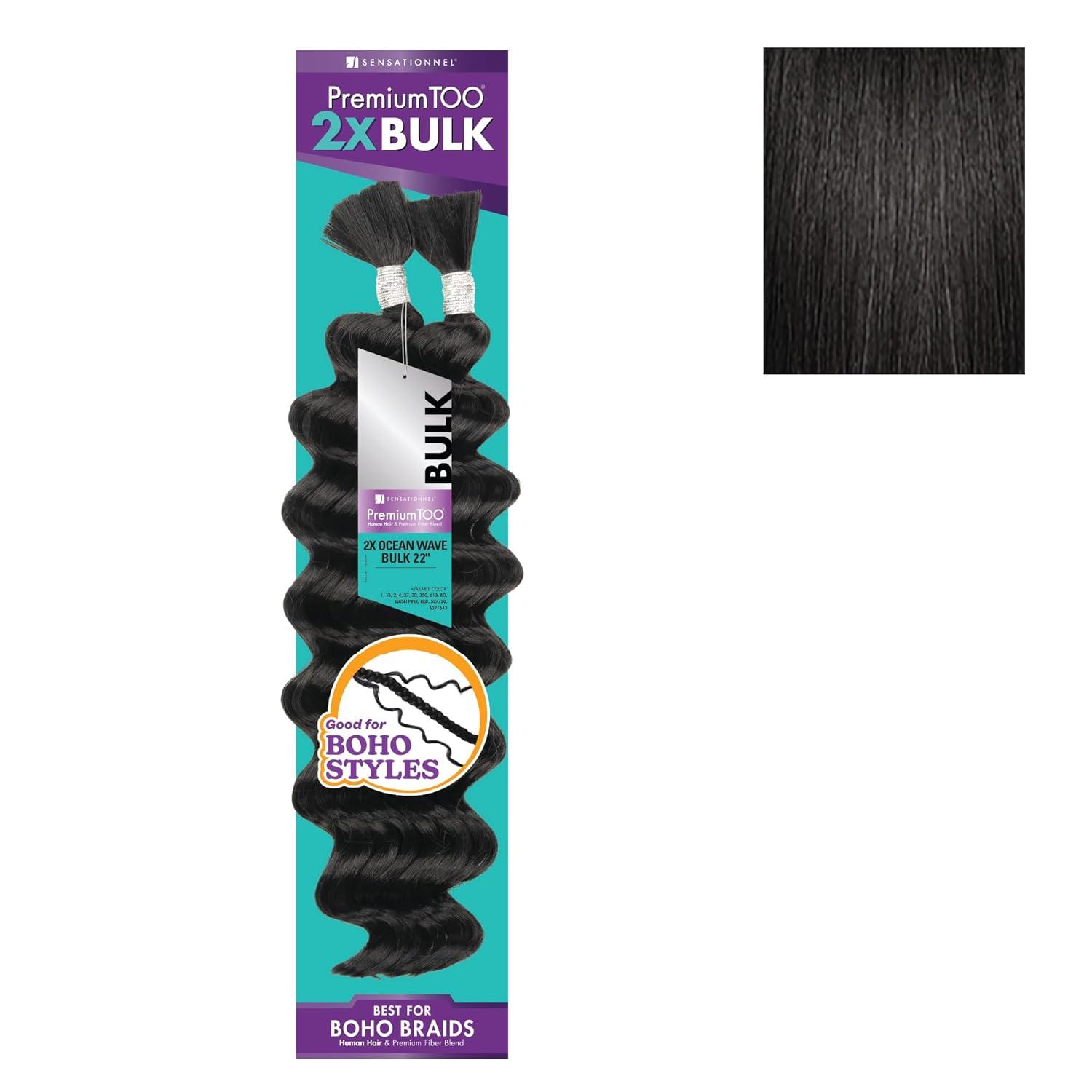 imageSensationnel PremToo Bulk Weaving 2X Ocean Wave Human Hair Blend for Boho Knotless Box or Curly Loose Wave Styles 1 Pack 14 inch 1 JETBLACK1B OFFBLACK