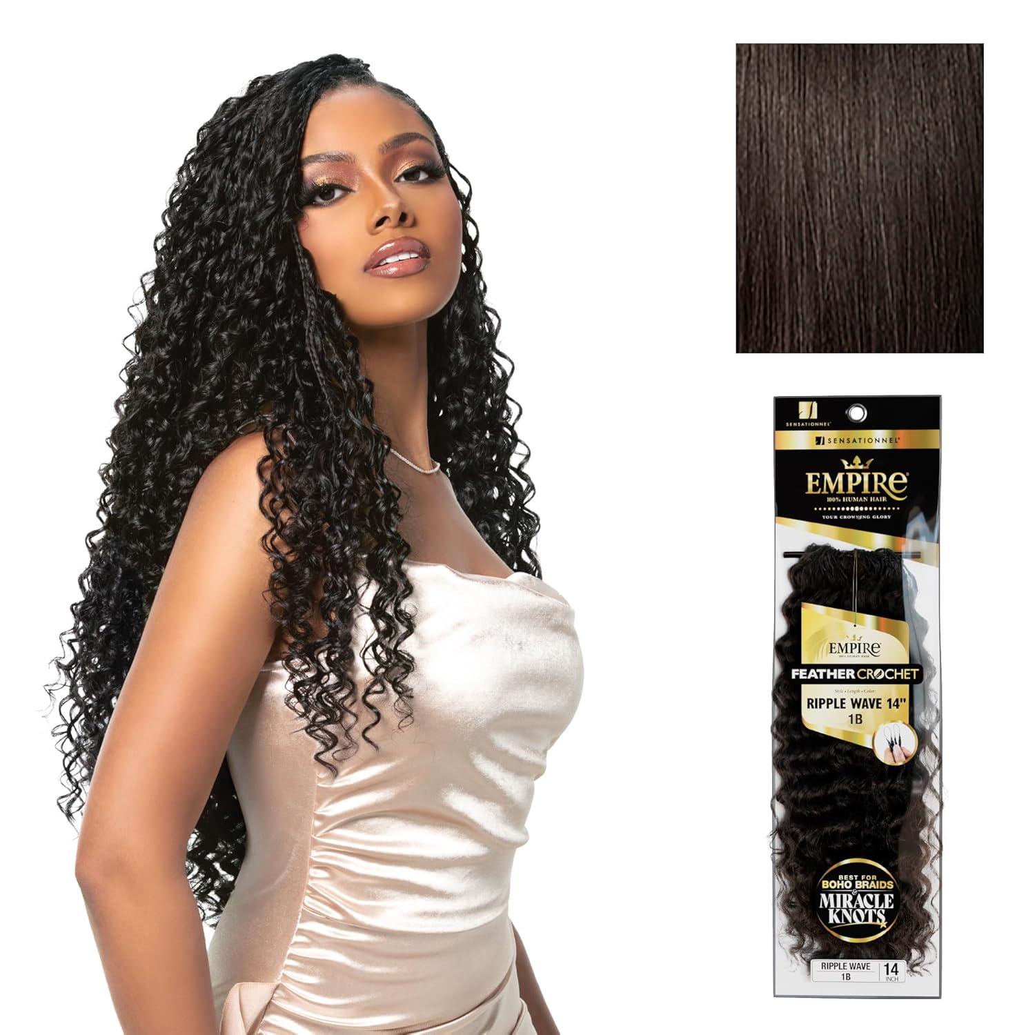 imageSensationnel Empire Feather Crochet Braiding Hair Ripple Wave Human Hair for Boho Braids and Miracle Knots Pre Separated 50 strands 10 inch 1 JETBLACK2 DARKBROWN
