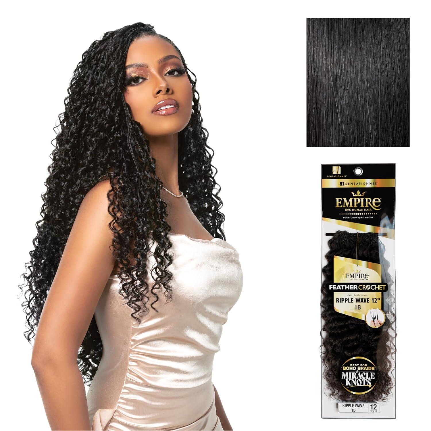 imageSensationnel Empire Feather Crochet Braiding Hair Ripple Wave Human Hair for Boho Braids and Miracle Knots Pre Separated 50 strands 10 inch 1 JETBLACK1 JETBLACK