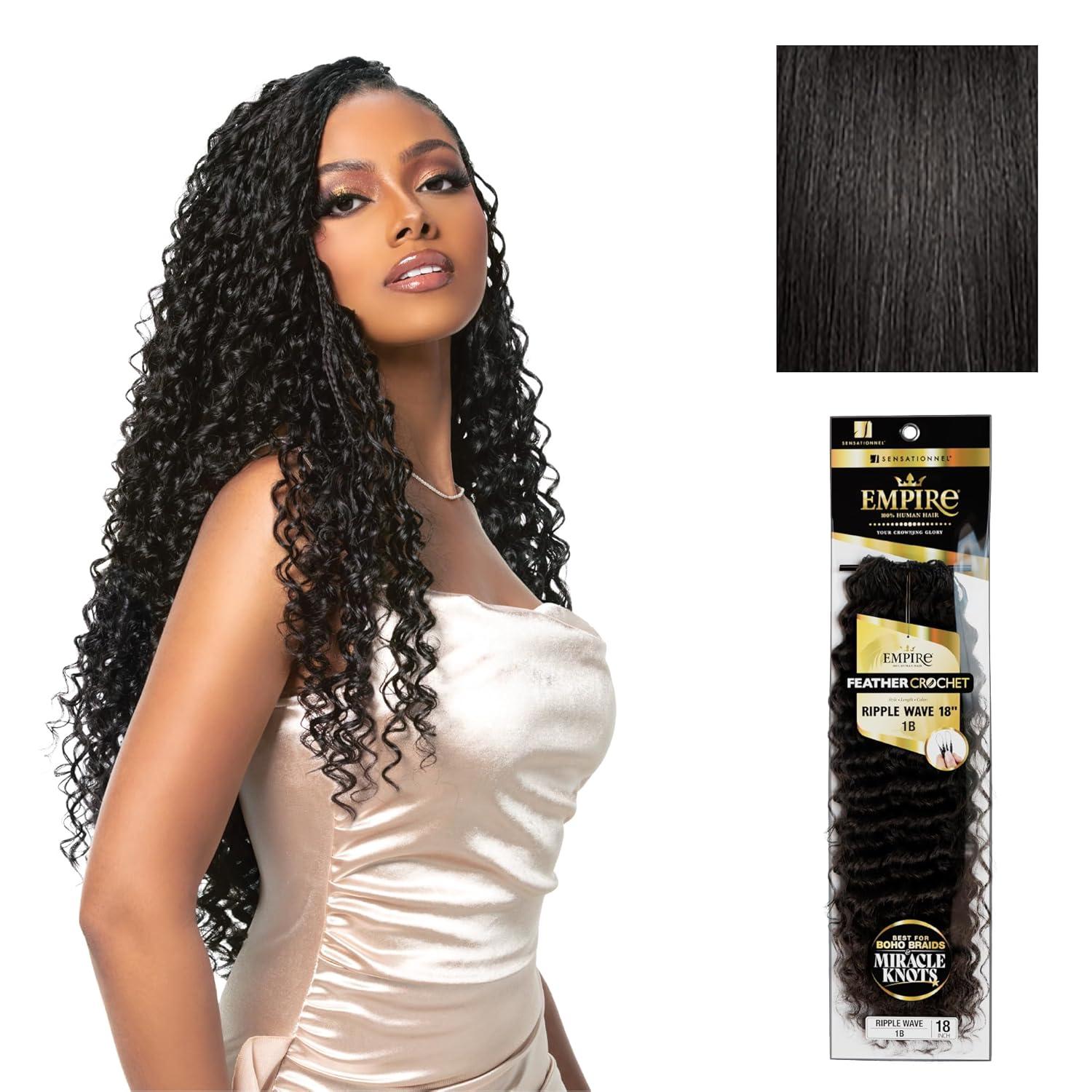 imageSensationnel Empire Feather Crochet Braiding Hair Ripple Wave Human Hair for Boho Braids and Miracle Knots Pre Separated 50 strands 10 inch 1 JETBLACK1B OFFBLACK