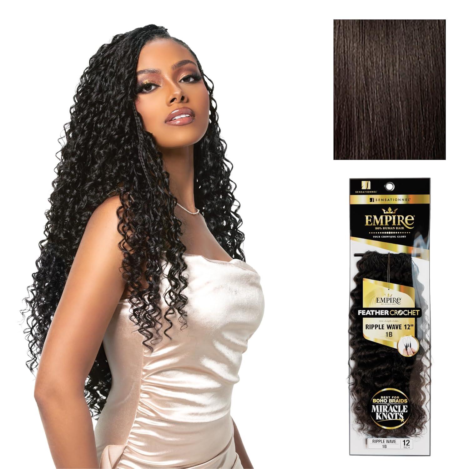 imageSensationnel Empire Feather Crochet Braiding Hair Ripple Wave Human Hair for Boho Braids and Miracle Knots Pre Separated 50 strands 10 inch 1 JETBLACK2 DARKBROWN