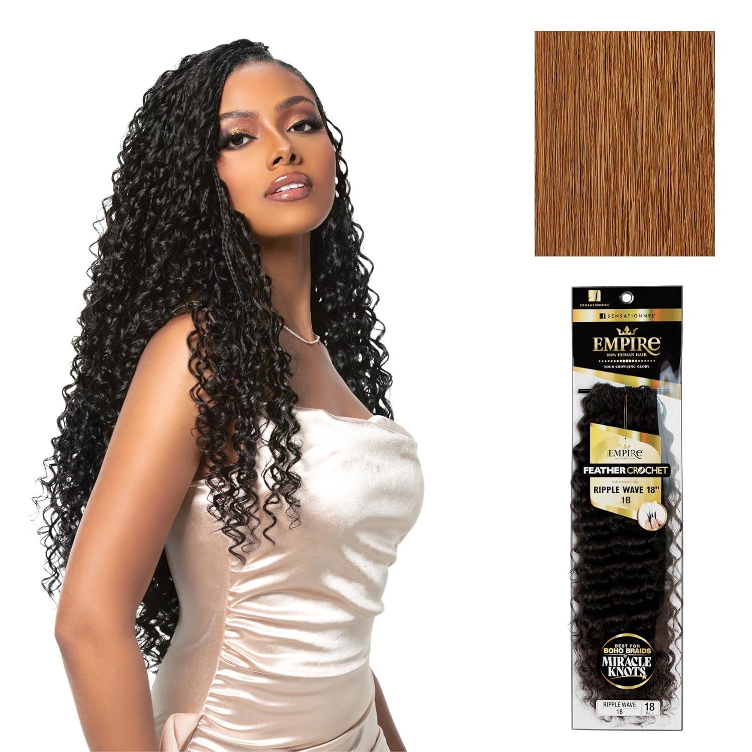 imageSensationnel Empire Feather Crochet Braiding Hair Ripple Wave Human Hair for Boho Braids and Miracle Knots Pre Separated 50 strands 10 inch 1 JETBLACK30 LIGHTAUBURN