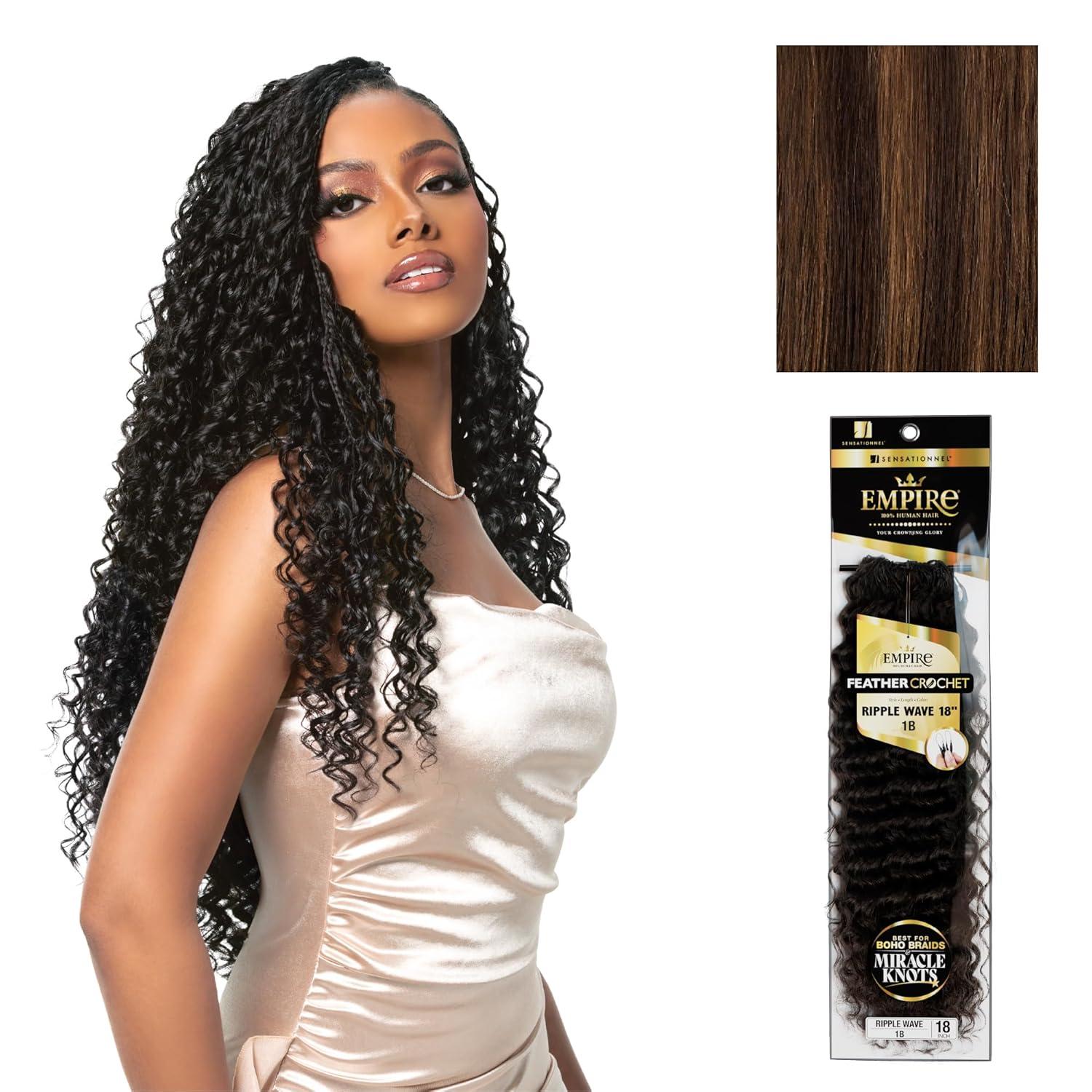 imageSensationnel Empire Feather Crochet Braiding Hair Ripple Wave Human Hair for Boho Braids and Miracle Knots Pre Separated 50 strands 10 inch 1 JETBLACKS430