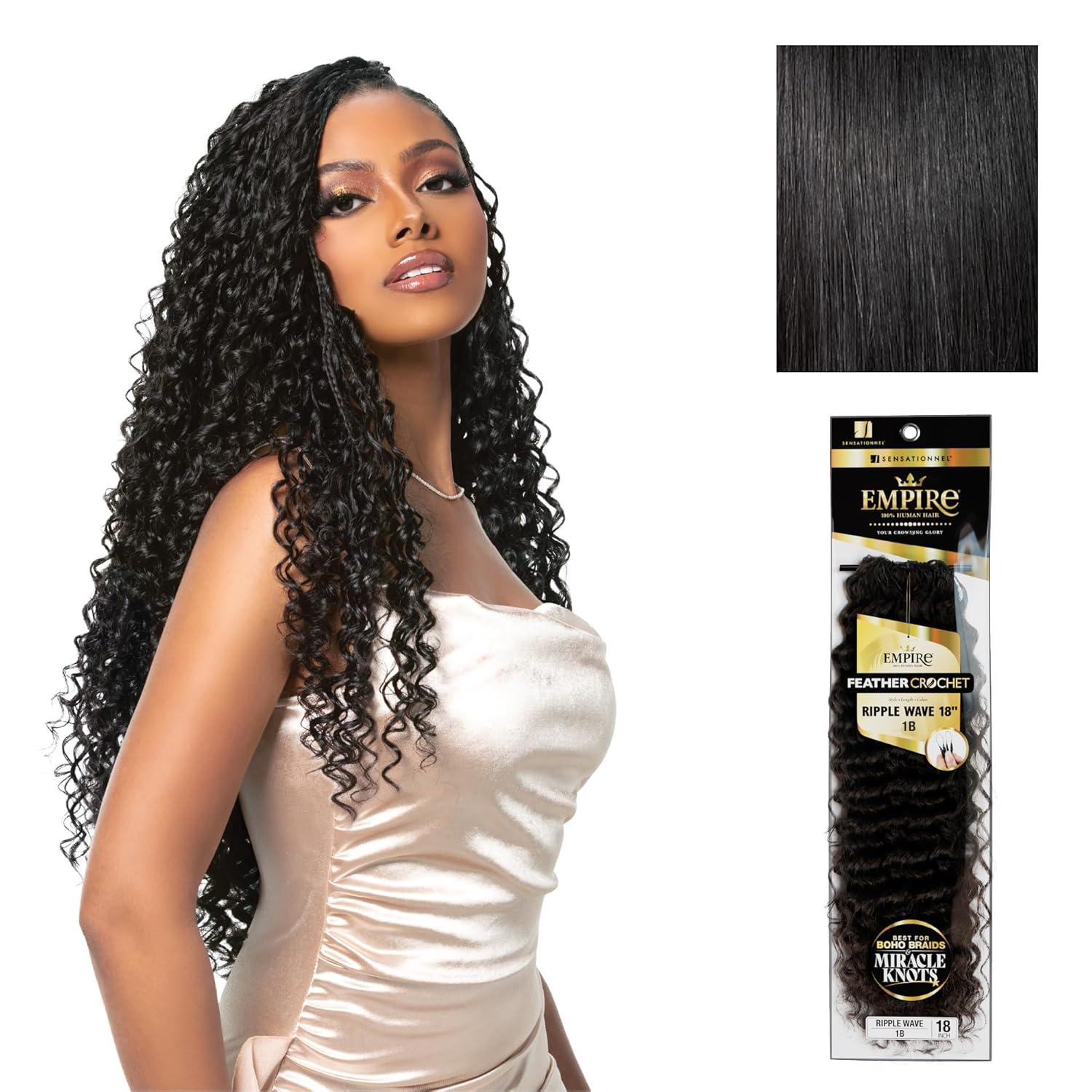 imageSensationnel Empire Feather Crochet Braiding Hair Ripple Wave Human Hair for Boho Braids and Miracle Knots Pre Separated 50 strands 10 inch 1 JETBLACK1 JETBLACK