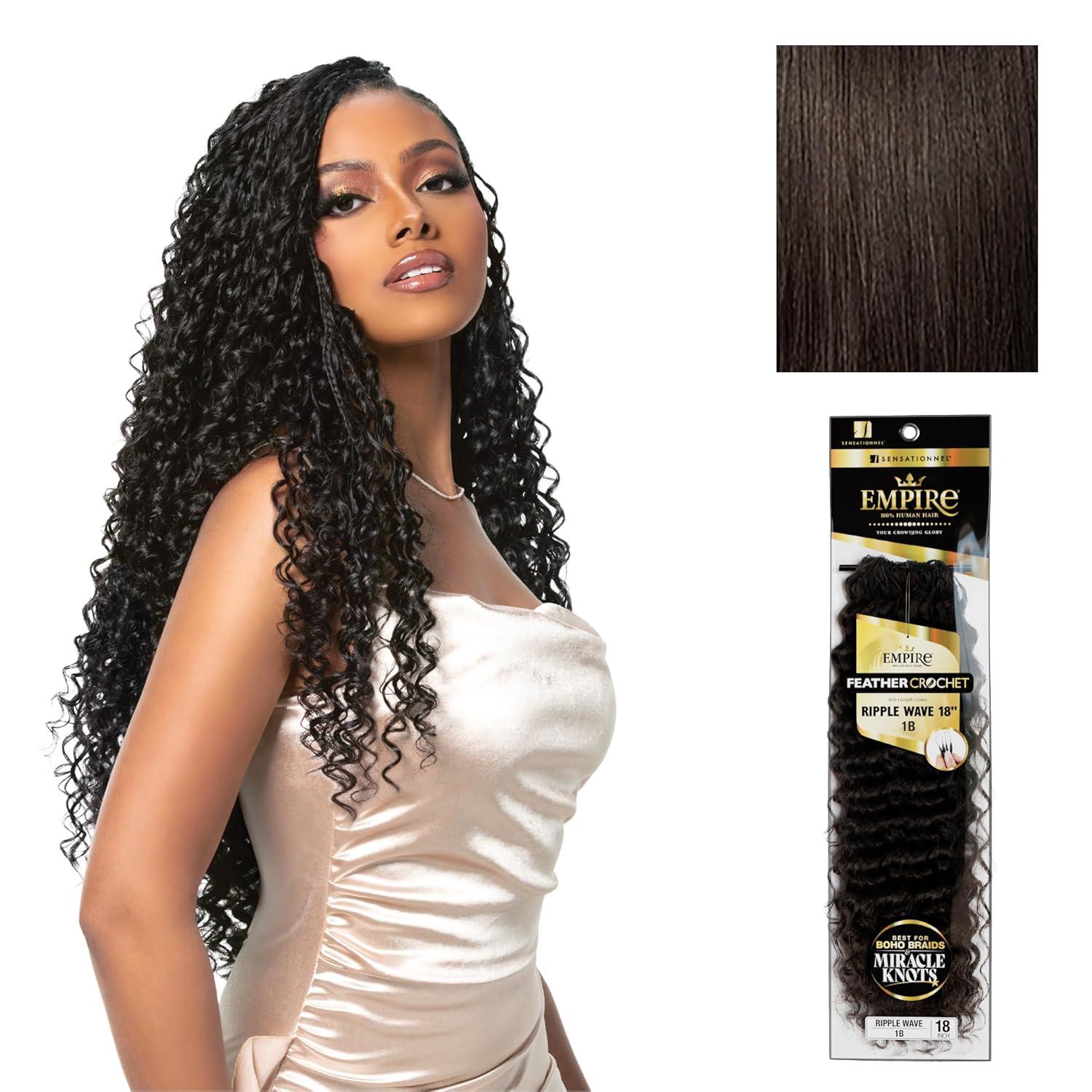 imageSensationnel Empire Feather Crochet Braiding Hair Ripple Wave Human Hair for Boho Braids and Miracle Knots Pre Separated 50 strands 10 inch 1 JETBLACK2 DARKBROWN