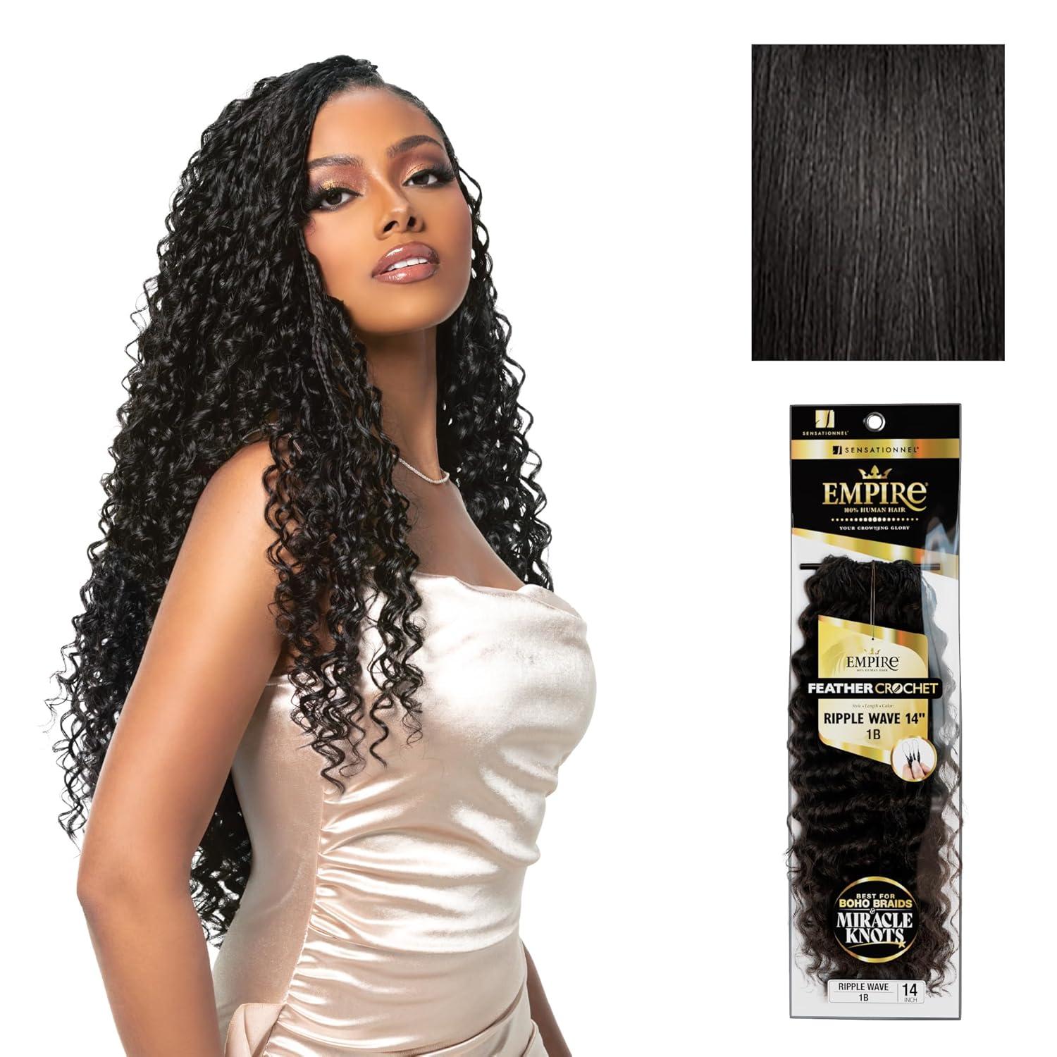 imageSensationnel Empire Feather Crochet Braiding Hair Ripple Wave Human Hair for Boho Braids and Miracle Knots Pre Separated 50 strands 10 inch 1 JETBLACK1B OFFBLACK