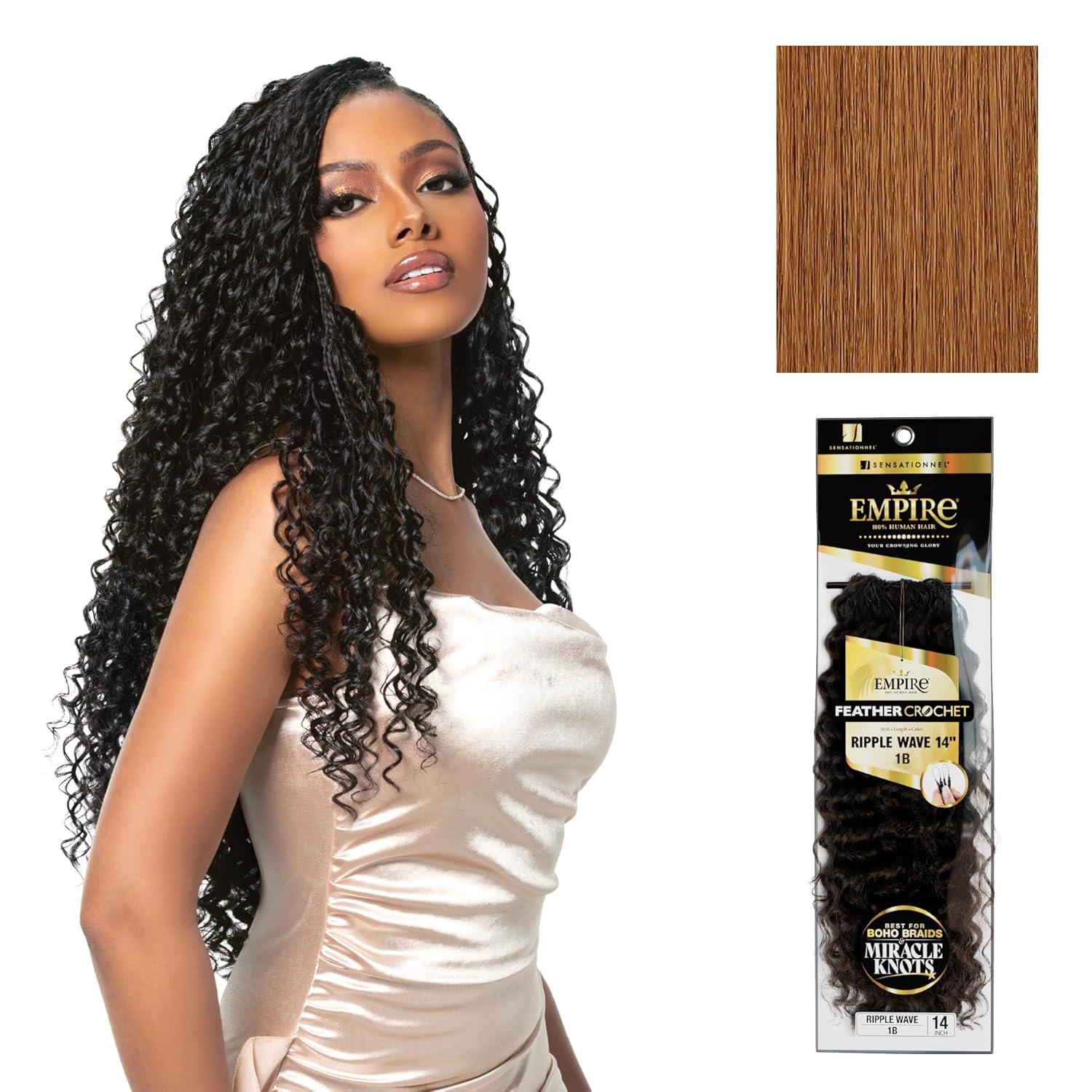 imageSensationnel Empire Feather Crochet Braiding Hair Ripple Wave Human Hair for Boho Braids and Miracle Knots Pre Separated 50 strands 10 inch 1 JETBLACK30 LIGHTAUBURN